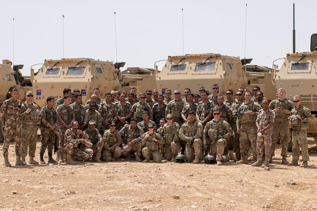Alpha Battery 5-3 Field Artillery from Joint Base Lewis-McChord, Washington along with 29th Royal HIMARS Battalion conducted a High Mobility Artillery Rocket System (HIMARS) live fire exercise, outside Amman, Jordan, May 14, 2017. Eager Lion is an annual U.S. Central Command exercise in Jordan designed to strengthen military-to-military relationships between the U.S., Jordan and other international partners. This year's iteration is comprised of about 7,200 military personnel from more than 20 nations that will respond to scenarios involving border security, command and control, cyber defense and battlespace management. (U.S. Army photo by Sgt 1st Class Steven Queen)