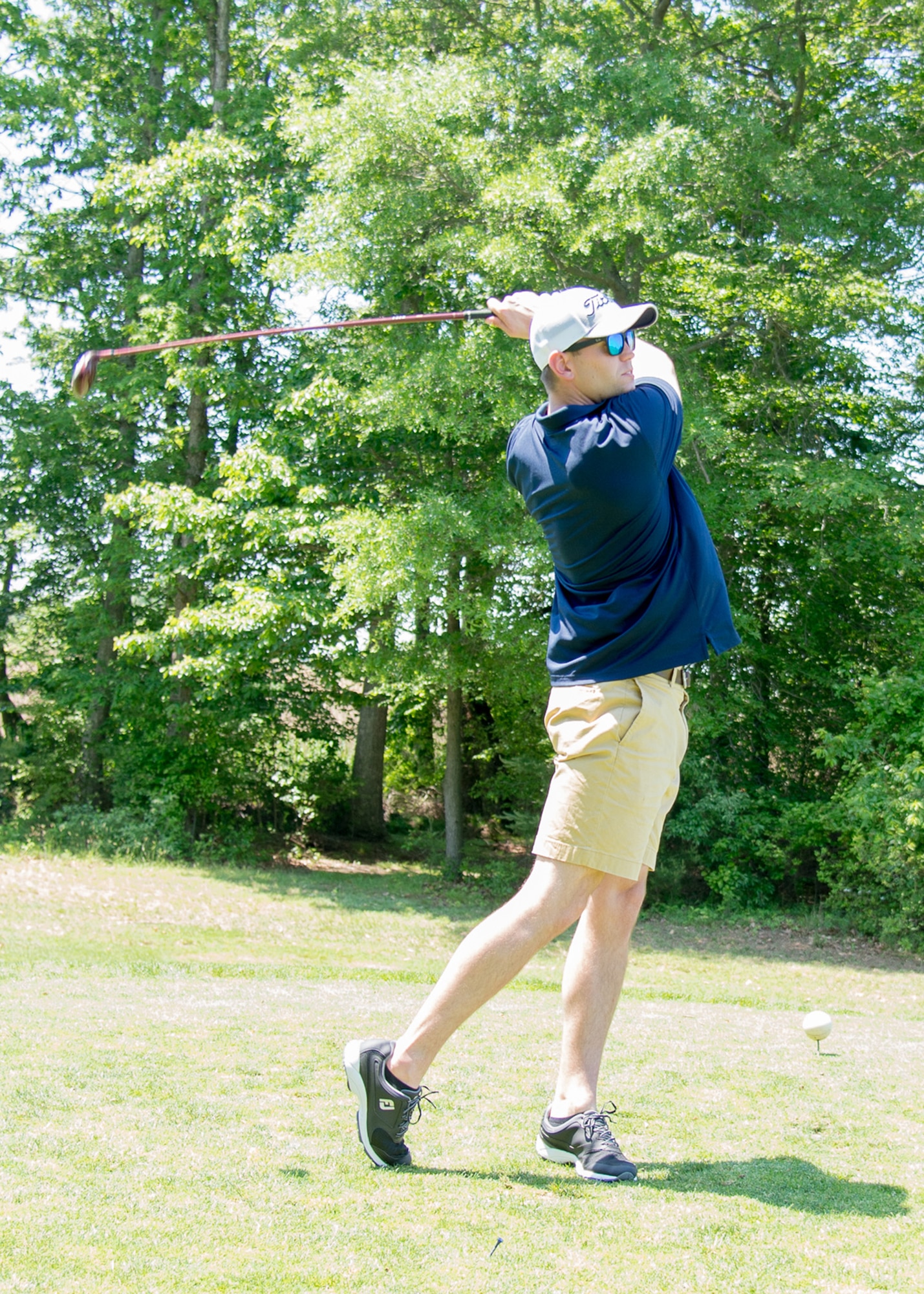 1st Lt. Dillon Heckendorn, 436th Operations Support Squadron intelligence officer, tees off at the 2017 spring Bluesuiters Golf Tournament May 17, 2017, 2016, at the Jonathan’s Landing Golf Course in Magnolia, Delaware. Bluesuiters is a biannual golf tournament aimed at connecting Team Dover Airmen with local civic and business leaders. (U.S. Air Force photo by Mauricio Campino)