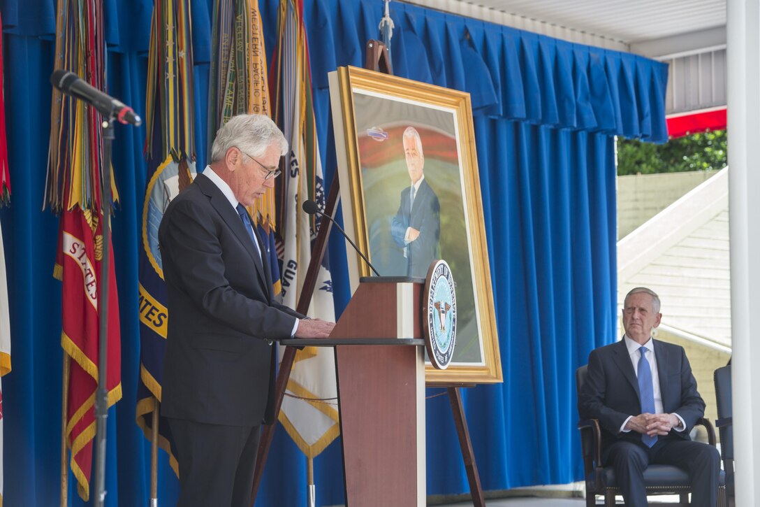 Former Defense Secretary Chuck Hagel speaks during the unveiling ceremony for his official portrait hosted by Defense Secretary Jim Mattis  at the Pentagon, May 19, 2017. Hagel served as the 24th Secretary of Defense from 2013 to 2015. DoD photo by Air Force Tech. Sgt. Brigitte N. Brantley