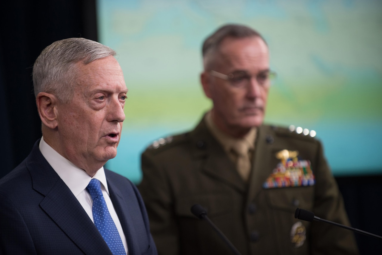 Defense Secretary Jim Mattis speaks during a news conference with Marine Corps Gen. Joe Dunford, chairman of the Joint Chiefs of Staff, at the Pentagon, May 19, 2017. Mattis and Dunford updated reporters on the fight against the Islamic State of Iraq and Syria. DoD photo by Army Sgt. Amber I. Smith