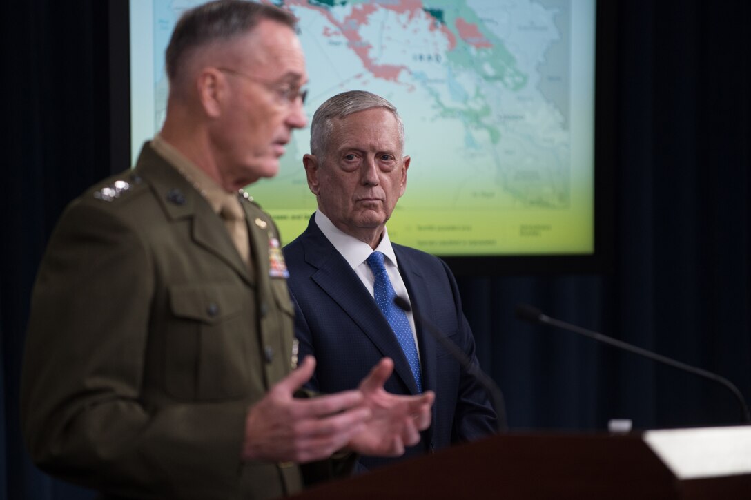 Marine Corps Gen. Joe Dunford, chairman of the Joint Chiefs of Staff, speaks during a joint news conference with Defense Secretary Jim Mattis at the Pentagon, May 19, 2017. Mattis and Dunford updated reporters about the fight against the Islamic State of Iraq and Syria. DoD photo by Army Sgt. Amber I. Smith