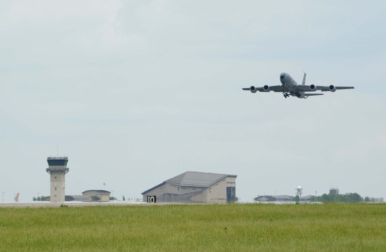 A KC-135 Stratotanker takes flight during an evacuation May 18, 2017, at McConnell Air Force Base, Kan.  The evacuation was completed to keep the aircraft out of the way of potential severe weather. (U.S. Air Force photo/Senior Airman Tara Fadenrecht)
