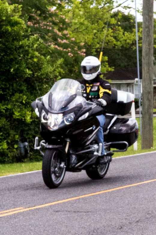 Chief Warrant Officer 4 Donald Freese, the aircraft maintenance class-desk officer with 4th Marine Air Wing, rides his motorcycle in Thibodaux, Louisiana, May 17, 2017. Freese, the club president of the Marine Corps Support Facility New Orleans Motorcycle Safety Mentorship Program, organized the 123 mile ride to teach Marines how to ride their motorcycle through various roads. (U.S. Marine Corps photo by Pfc. Melany Vasquez / Released)