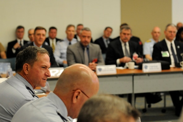 Air Force Chief of Staff Gen. David L. Goldfein discusses the national pilot sourcing with airline executives at the National Pilot Sourcing Meeting in Alexandria, Va., May 18, 2017. The meeting was held to discuss opportunities to improve collaboration between airlines and the military to ensure high-quality pilots for the need of the nation. (U.S. Air Force photo/Staff Sgt. Jannelle McRae)