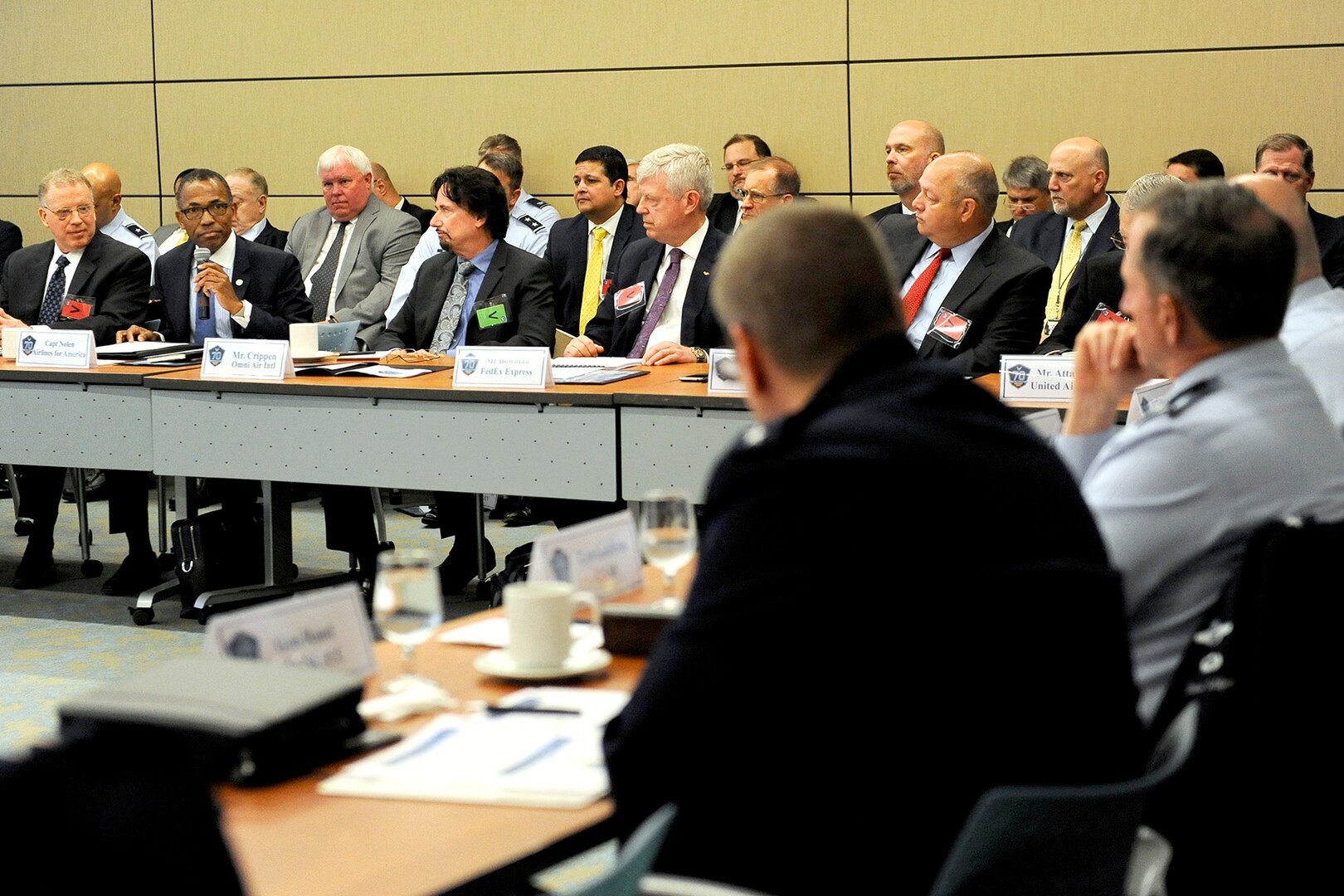 Air Force Chief of Staff Gen. David L. Goldfein discusses the national pilot sourcing with airline executives at the National Pilot Sourcing Meeting in Alexandria, Va., May 18, 2017. The meeting was held to discuss opportunities to improve collaboration between airlines and the military to ensure high-quality pilots for the need of the nation. (U.S. Air Force photo/Staff Sgt. Jannelle McRae)