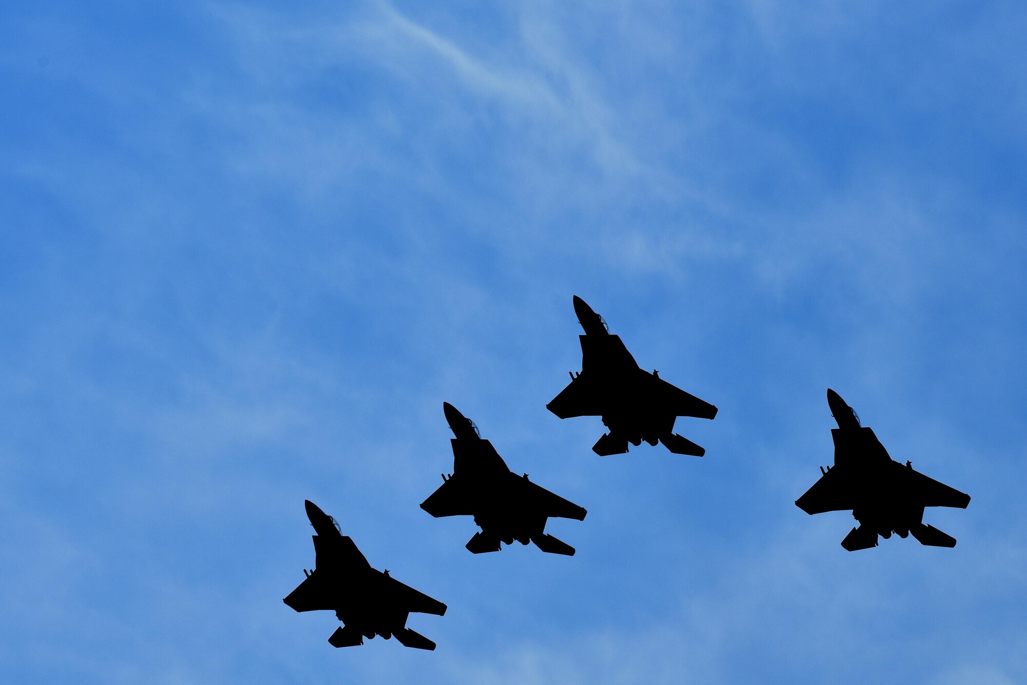 During a practice air show, four F-15E Strike Eagles fly above a crowd of Team Seymour members, May 19, 2017, at Seymour Johnson Air Force Base, North Carolina. The U.S. Navy Blue Angels premiere aerial demonstration team will headline the Wings Over Wayne Air Show, May 20-21, 2017. (U.S. Air Force photo by Senior Airman Ashley Maldonado)