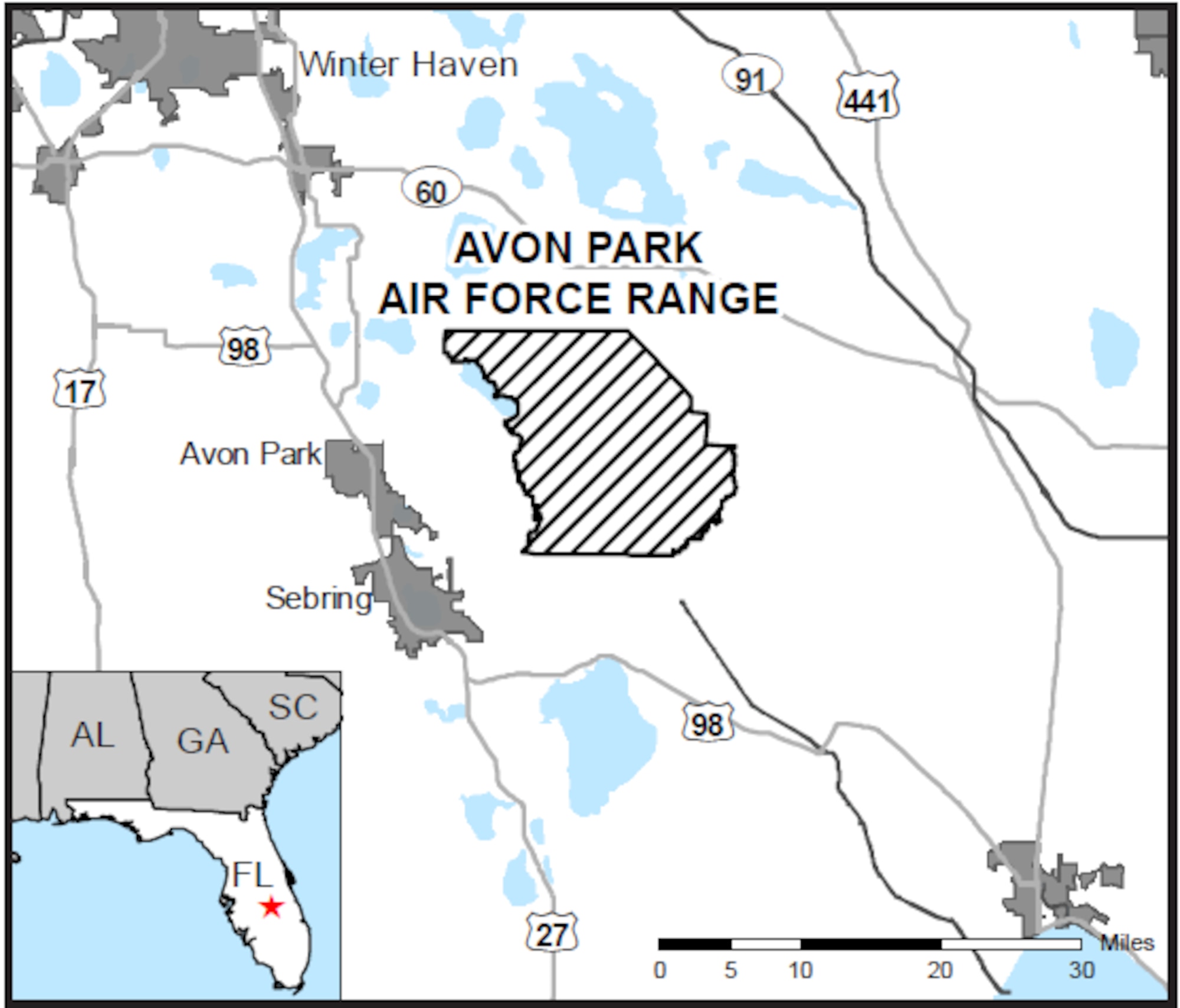 Map of Avon Park Air Force Range, Florida. An Air Force Wildland Fire Center team, supported by teams from the Florida Forest Service and the U.S. Fish and Wildlife Service, is working to contain an 8,000-acre wildfire on the range. The AFWFC is part of the Air Force Civil Engineer Center’s Environmental Directorate at Joint Base San Antonio-Lackland, Texas. (Florida Forest Service photo)