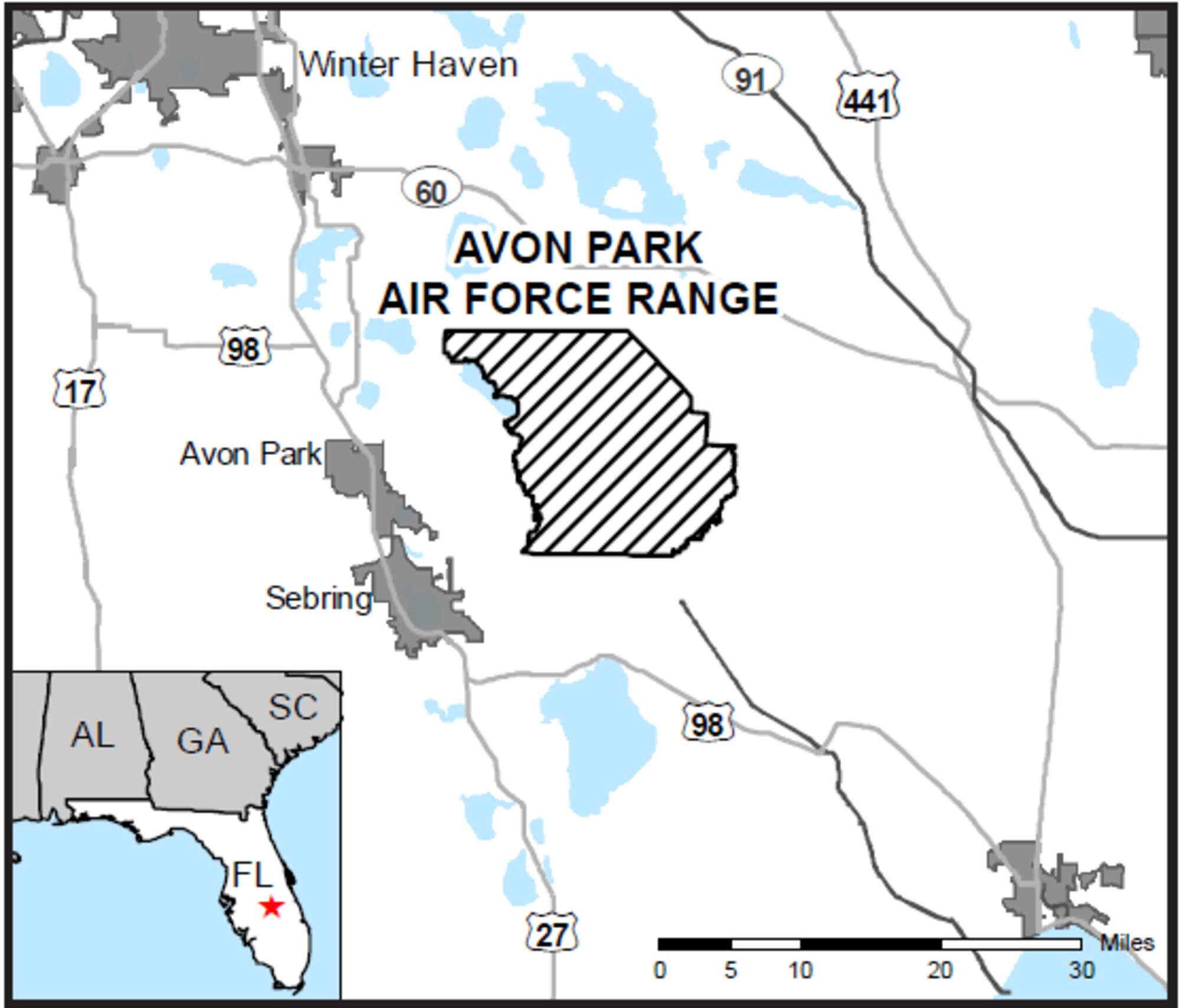 Map of Avon Park Air Force Range, Florida. An Air Force Wildland Fire Center team, supported by teams from the Florida Forest Service and the U.S. Fish and Wildlife Service, is working to contain an 8,000-acre wildfire on the range. The AFWFC is part of the Air Force Civil Engineer Center’s Environmental Directorate at Joint Base San Antonio-Lackland, Texas. (Florida Forest Service photo)