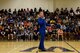 Students from Eastern Wayne High School listen to a presentation from Lt. Nate Scott, U.S. Navy Blue Angels left wing pilot, during an assembly, May 19, 2017, in Goldsboro, North Carolina. The Blue Angels will headline the Wings Over Wayne Air Show at Seymour Johnson Air Force Base, North Carolina, May 20-21. (U.S. Air Force photo by Airman 1st Class Miranda A. Loera)