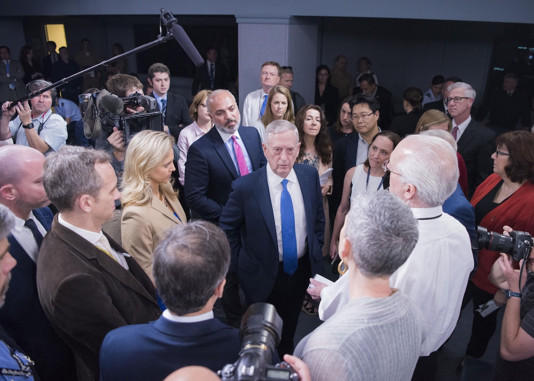 Defense Secretary James Mattis informally speaks to the media before holding a press briefing at the Pentagon to update the media on the campaign against the Islamic State of Iraq and Syria, May 19, 2017. DoD photo by Navy Petty Officer 2nd Class Dominique A. Pineiro