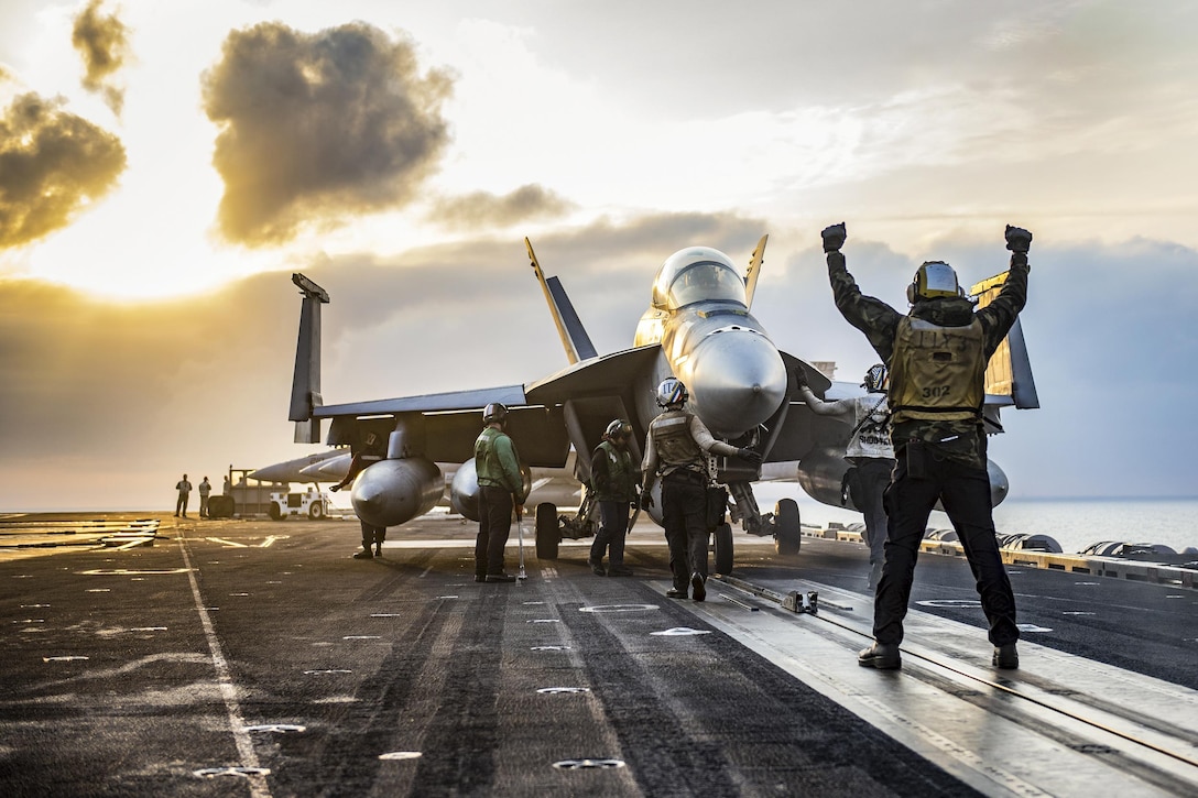 Sailors conduct flight operations aboard the aircraft carrier USS Carl Vinson in the western Pacific Ocean, May 16, 2017. The Navy has patrolled the Indo-Asia-Pacific routinely for more than 70 years, promoting regional peace and security. Navy photo by Petty Officer 2nd Class Rebecca Sunderland 