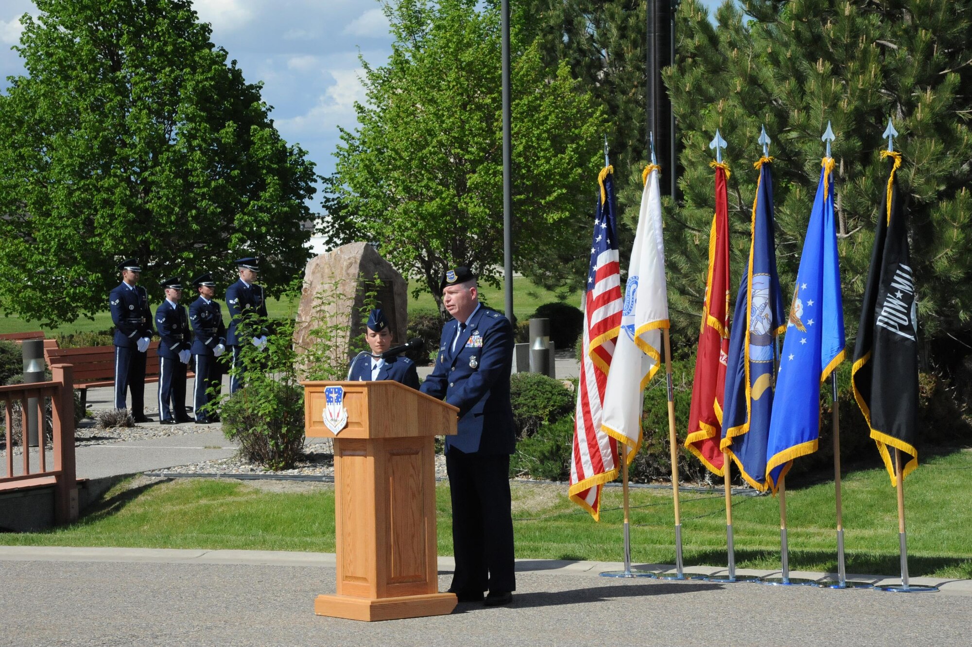 Col. Robert Frederiksen, 341st Security Forces Group commander, speaks during a retiree appreciation retreat ceremony at Medal of Honor Park at Malmstrom Air Force Base, Mont. The event was part of the wing’s annual retiree appreciation day held May 19, 2017. (U.S. Air Force photo/Christy Mason)
