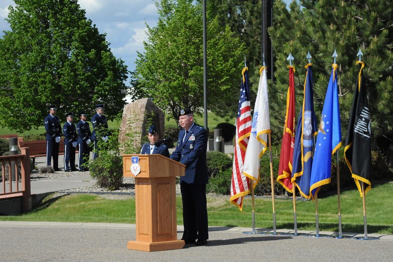 Col. Robert Frederiksen, 341st Security Forces Group commander, speaks during a retiree appreciation retreat ceremony at Medal of Honor Park at Malmstrom Air Force Base, Mont. The event was part of the wing’s annual retiree appreciation day held May 19, 2017. (U.S. Air Force photo/Christy Mason)