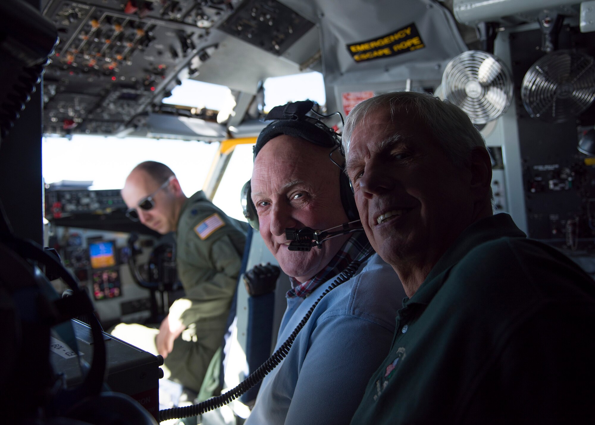 Mayor Kieran O'Hanlon of Limerick, Ireland, and his escort Patrick Cadagan, pose in the cockpit of a KC-135 Stratotanker during an orientation flight May 19, 2017, at Fairchild Air Force Base, Washington. Mayor O'Hanlon was visiting Spokane for the annual Lilac Parade, where he will serve as the grand marshal of ceremonies.
(U.S. Air Force Photo / Airman 1st Class Ryan Lackey)