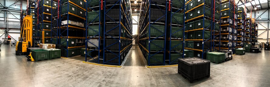 Hundreds of bins sit on shelves at the individual protective equipment warehouse on Ramstein Air Base, Germany, May 19, 2017. The bins contain thousands of pieces of protective gear issued to Airmen who deploy or attend chemical, biological, radiological, nuclear and explosive materials training. (U.S. Air Force photo by Senior Airman Devin Boyer)