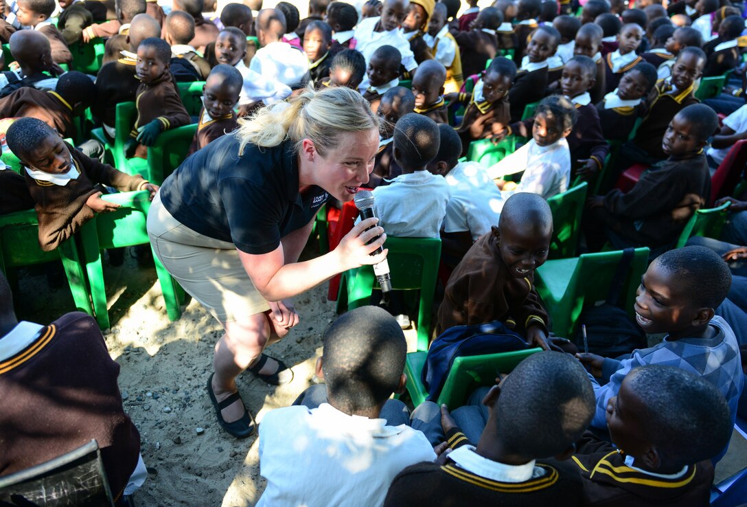 Staff Sgt. Jill Diem, U.S. Air Forces in Europe Band vocalist, sings for students of the Kachikau Primary School in Kachikau, Botswana on May 17, 2017. The USAFE “Ambassadors Combo” performance Band partnered with the Botswana Defence Force Band while supporting the 2017 African Air Chiefs Symposium and performed for over five hundred students. The U.S. and Botswana have a strong relationship, and the U.S. military has a long and productive history of working with the Botswana Defence Force.  U.S. Air Force photo by Staff Sgt. Krystal Ardrey)