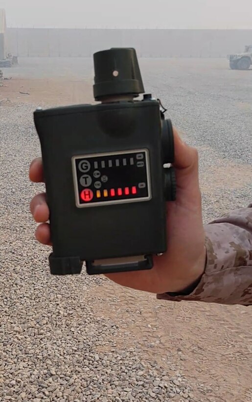 Cpl. Darmani Parks, the chemical, biological, radiological and nuclear defense noncommissioned officer of the Advise and Assist Team with the Special Purpose Marine Air-Ground Task Force-Crisis Response-Central Command measures chemical agent presence in the air utilizing a joint chemical agent detector at Qayyarah Airfield West, Iraq, Oct. 25, 2016. The Marines of the A&A Team were able to overcome these conditions and continue operating due to their CBRN training. U.S. Marines receive this training throughout their careers and before deploying in order to effectively respond to an attack and continue accomplishing the mission.