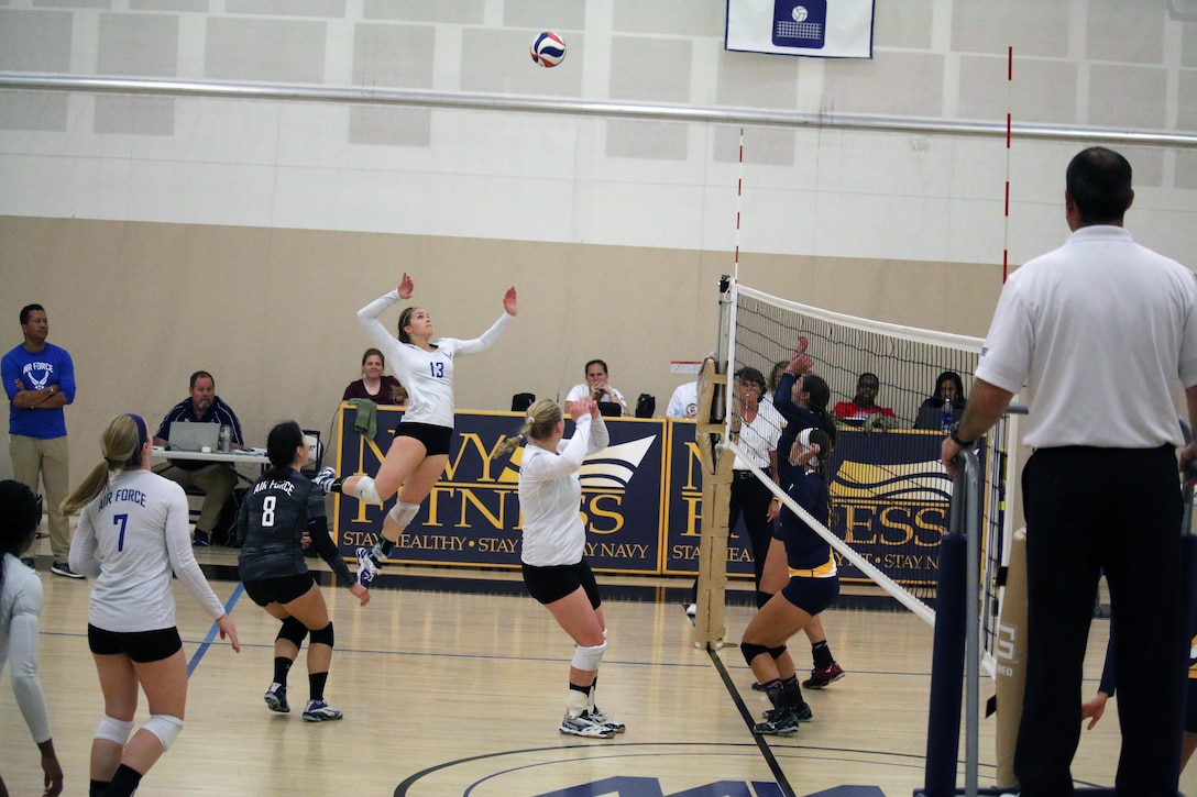 Air Force Capt. Caroline Kurtz of the U.S. Air Force Academy goes for the kill in Match 6 of the 2017 Armed Forces Women's Volleyball Championship at Naval Station Mayport, Florida on 18 May.