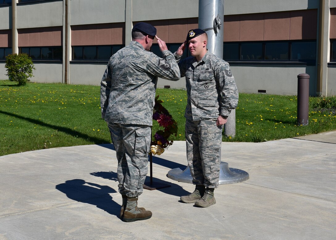 Members of the 914th and 107th Security Forces Squadrons perform a Changing of the Guard ceremony at the Niagara Falls Air Reserve Station, N.Y. May 15, 2017. This ceremony was one of many activities held on base to help commemorate National Police Week.  (U.S. Air Force photo by Staff Sgt. Richard Mekkri)