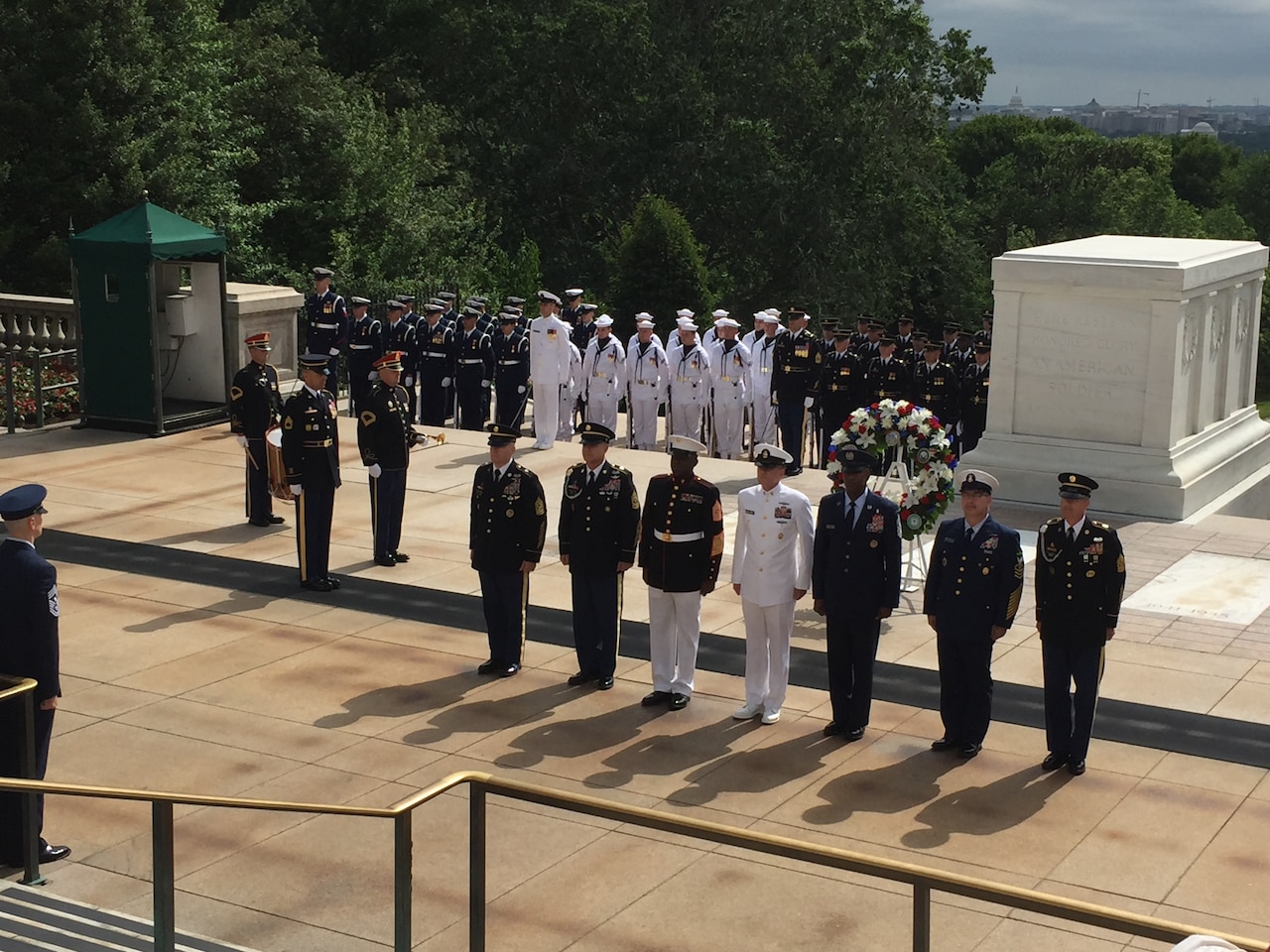 Senior enlisted leaders place a wreath at the Tomb of the Unknowns at Arlington National Cemetery, Va., May 20, 2017, in honor of Armed Forces Day. DoD photo by Jim Garamone