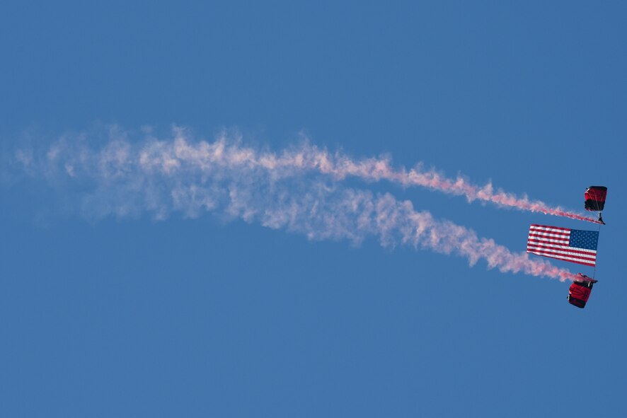 Members of the Black Daggers, the official U.S. Army Special Operations Command Parachute Demonstration Team, perform during the Wings Over Wayne Air Show, May 20, 2017, at Seymour Johnson Air Force Base, North Carolina. The Black Daggers perform live aerial demonstrations in support of Army Special Operations community relations and recruiting.  (U.S. Air Force photo by Staff Sgt. Brittain Crolley)