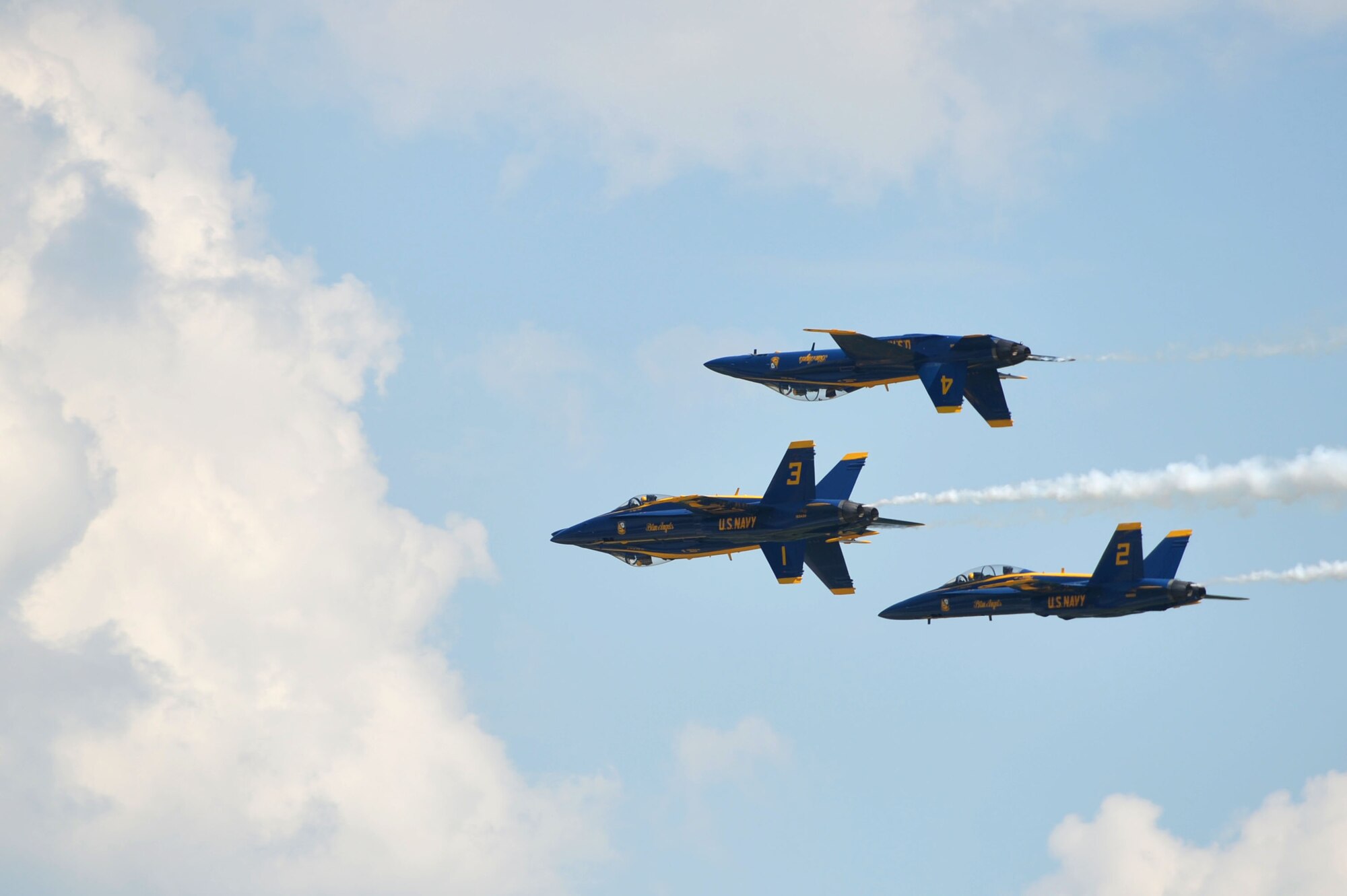 The U.S. Navy Blue Angels perform aerial demonstrations during the Wings Over Wayne Air Show, May 20, 2017, at Seymour Johnson Air Force Base, North Carolina. The Blue Angels team consists of 17 officers and more than 100 enlisted Sailors and Marines who serve support and maintenance roles. (U.S. Air Force photo by Airman 1st Class Christopher Maldonado)