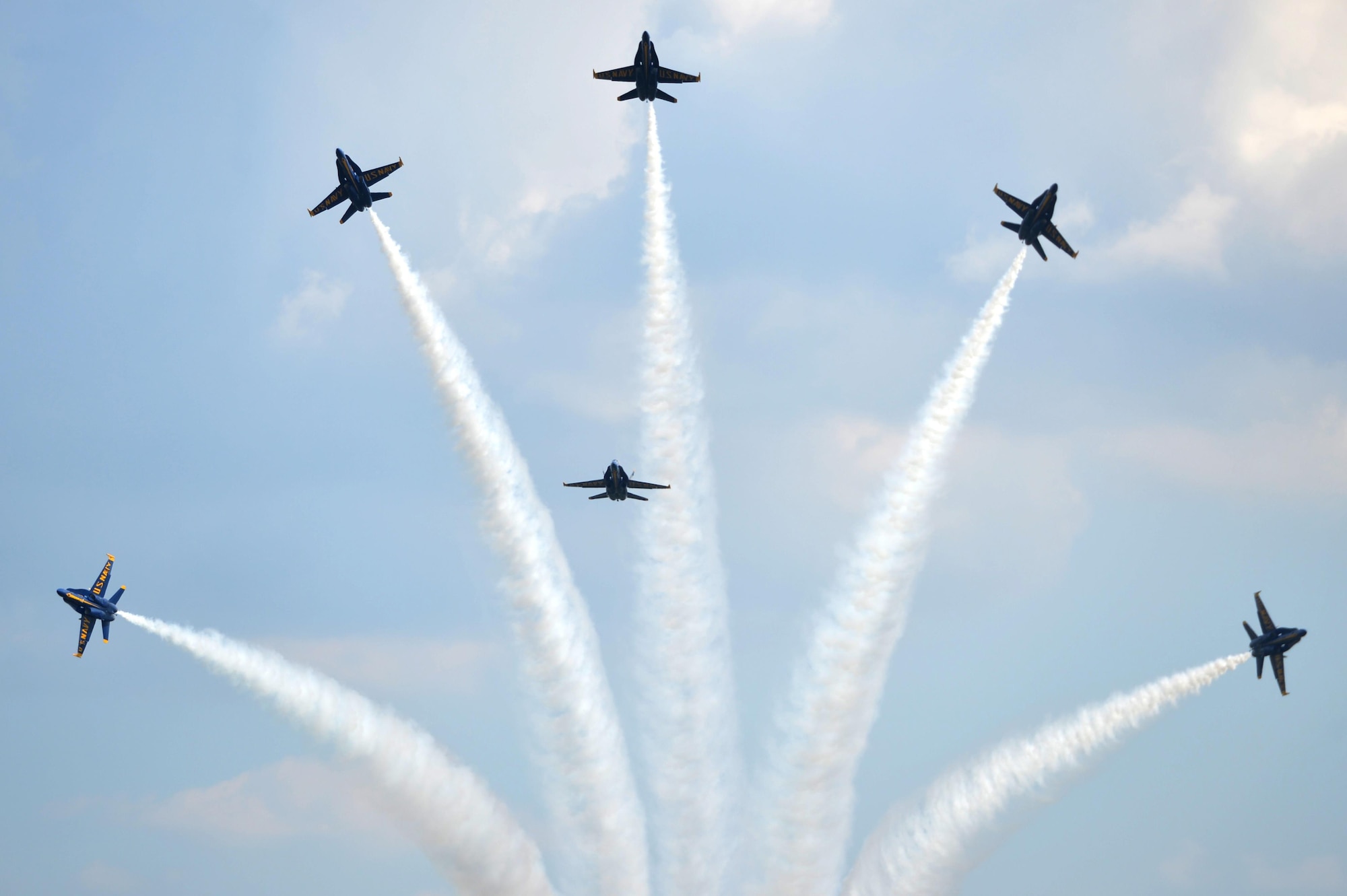 The U.S. Navy Blue Angels fly in formation during the Wings Over Wayne Air Show, May 20, 2017, at Seymour Johnson Air Force Base, North Carolina. Seymour Johnson AFB hosted the free, two-day air show as a way to thank the public and local community for their ongoing support of the base’s missions. (U.S. Air Force photo by Airman 1st Class Christopher Maldonado)