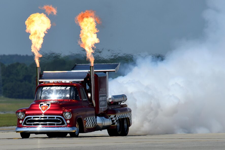 The Smoke-N-Thunder jet truck participated in the Wings Over Wayne Air Show, May 20, 2017, at Seymour Johnson Air Force Base, North Carolina. The Hot Streak II is a twin-jet engine 1957 Chevrolet pickup, capable of reaching speeds exceeding 350 miles per hour. (U.S. Air Force photo by Airman 1st Class Miranda A. Loera)