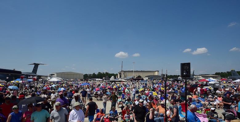 Spectators view multiple aircraft static displays and demonstrations during the Wings Over Wayne Air Show, May 20, 2017, at Seymour Johnson Air Force Base, North Carolina. The U.S. Navy’s premiere aerial demonstration team, the Blue Angels, headlined the free, two-day air show. (U.S. Air Force photo by Airman 1st Class Kenneth Boyton)