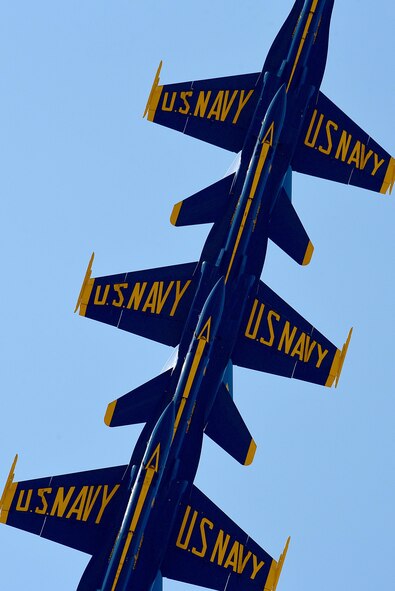 The U.S. Navy Blue Angels fly over Seymour Johnson Air Force Base, North Carolina, May 20, 2017, during the Wings Over Wayne Air Show. The air show was a free, two-day event that featured more than 20 aerial demonstrations, aircraft static displays, military working dog demonstrations and other events. (U.S. Air Force photo by Airman 1st Class Kenneth Boyton)