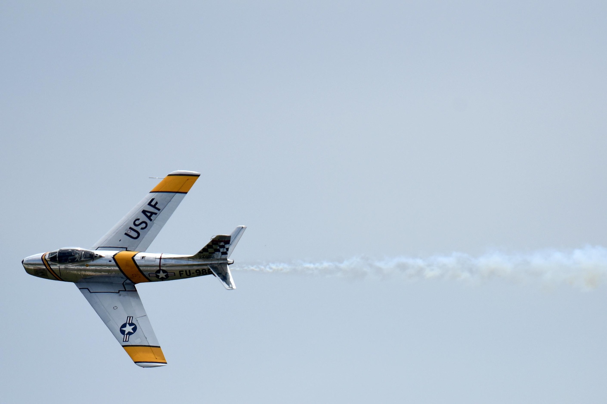 An F-86 Sabre flies during the Wings Over Wayne Air Show, May 21, 2017, at Seymour Johnson Air Force Base, North Carolina. The 4th Fighter Wing celebrates its 75th anniversary this year and traces its history back to the Royal Air Force during World War II. (U.S. Air Force photo by Airman 1st Class Miranda Loera)