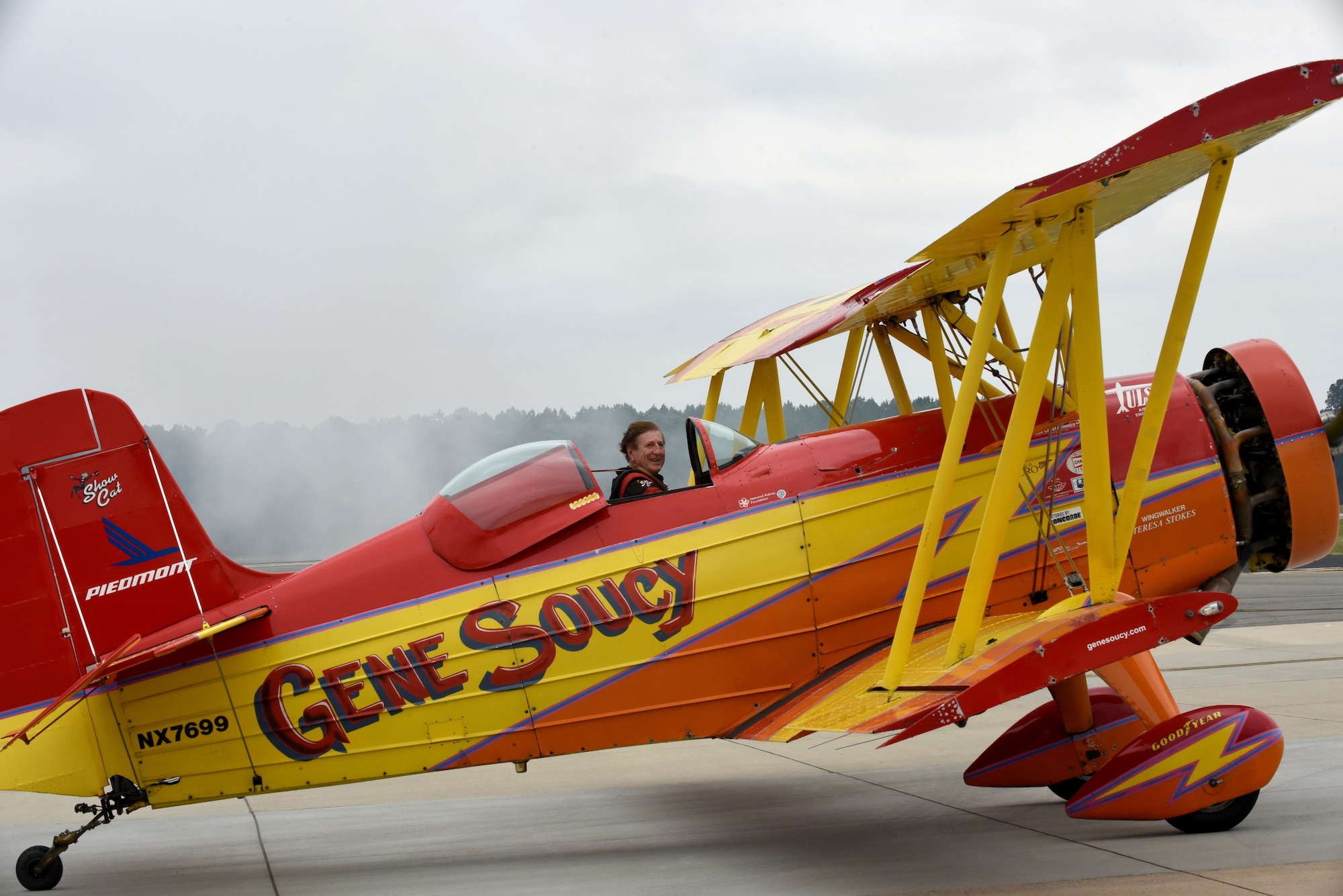 Gene Soucy pilots a Grumman biplane nicknamed “Showcat,” during the Wings Over Wayne Air Show, May 21, 2017, at Seymour Johnson Air Force Base, North Carolina. Soucy began professional airshow flying in 1968. (U.S. Air Force photo by Airman 1st Class Victoria Boyton)