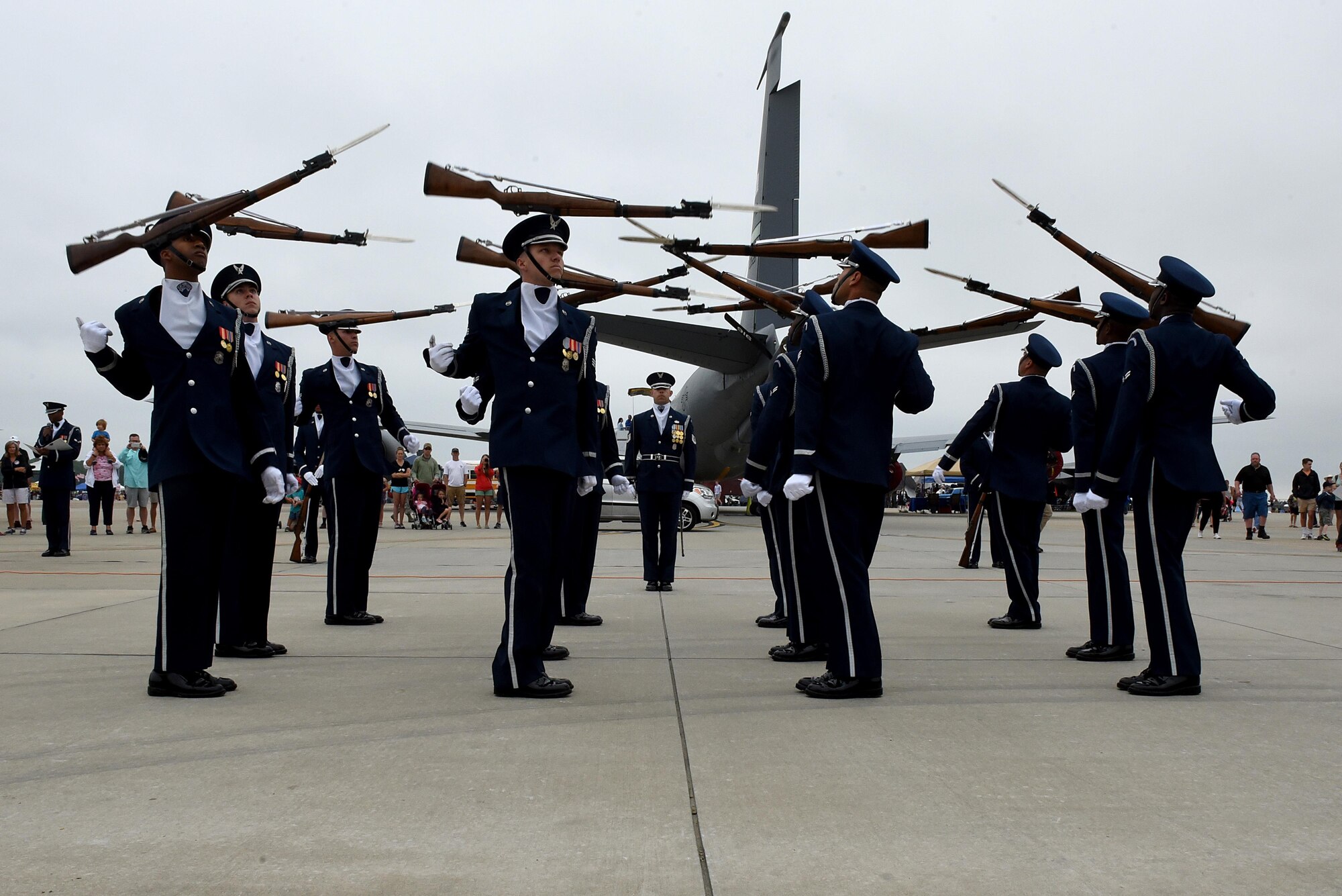 Members of the U.S. Air Force Honor Guard perform at the Wings Over Wayne Air Show, May 21, 2017, at Seymour Johnson Air Force Base, North Carolina. Seymour Johnson AFB hosted the free, two-day air show as a way to thank the public and local community for their ongoing support of the base’s missions. (U.S. Air Force photo by Airman 1st Class Victoria Boyton)