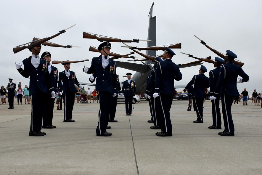 Members of the U.S. Air Force Honor Guard perform at the Wings Over Wayne Air Show, May 21, 2017, at Seymour Johnson Air Force Base, North Carolina. Seymour Johnson AFB hosted the free, two-day air show as a way to thank the public and local community for their ongoing support of the base’s missions. (U.S. Air Force photo by Airman 1st Class Victoria Boyton)
