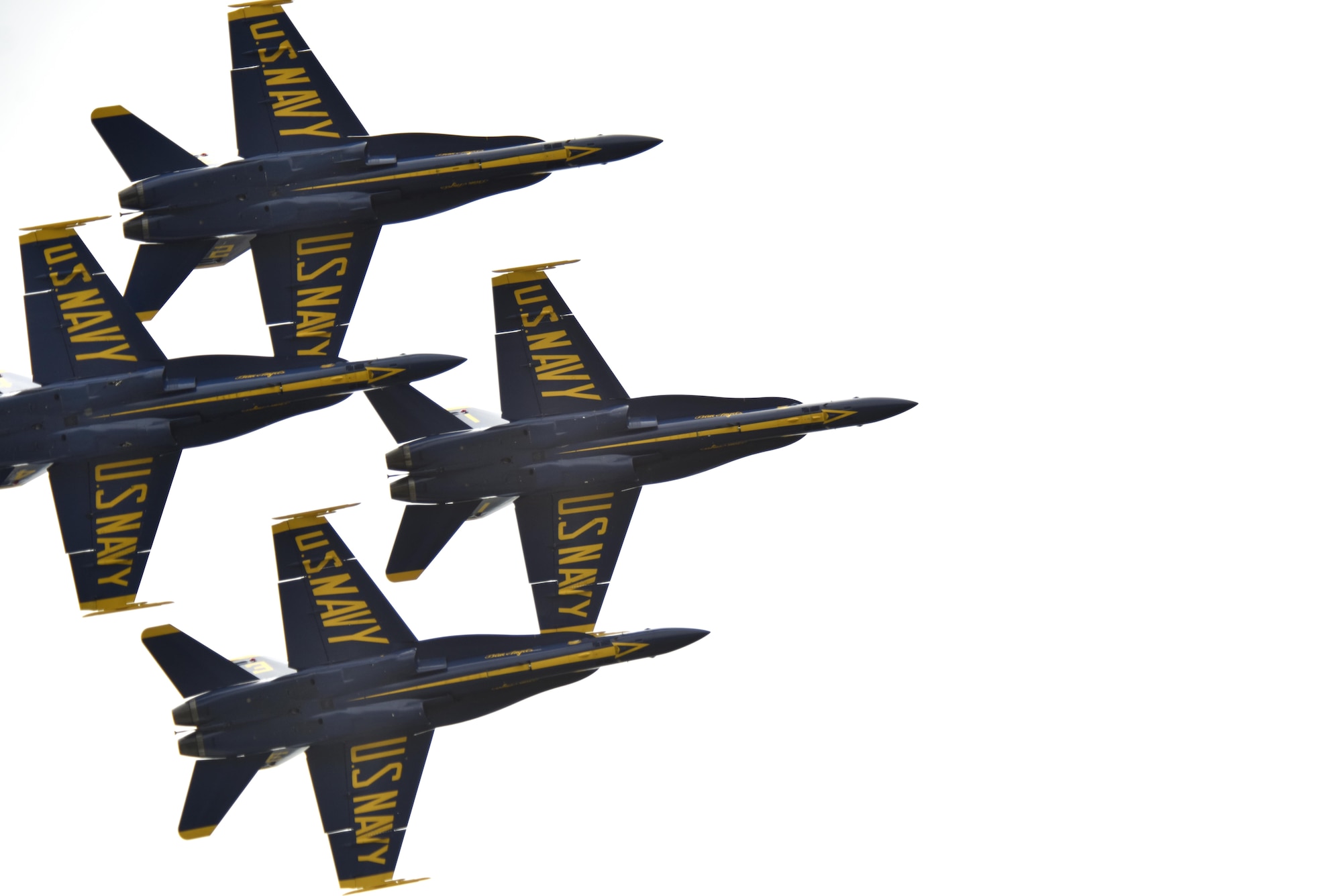 The U.S. Navy Blue Angels fly over Seymour Johnson Air Force Base, North Carolina, May 21, 2017, during the Wings Over Wayne Air Show. The air show was a free, two-day event that featured 11 aerial demonstrations, aircraft static displays, military working dog demonstrations and other events. (U.S. Air Force photo by Airman 1st Class Christopher Maldonado)
