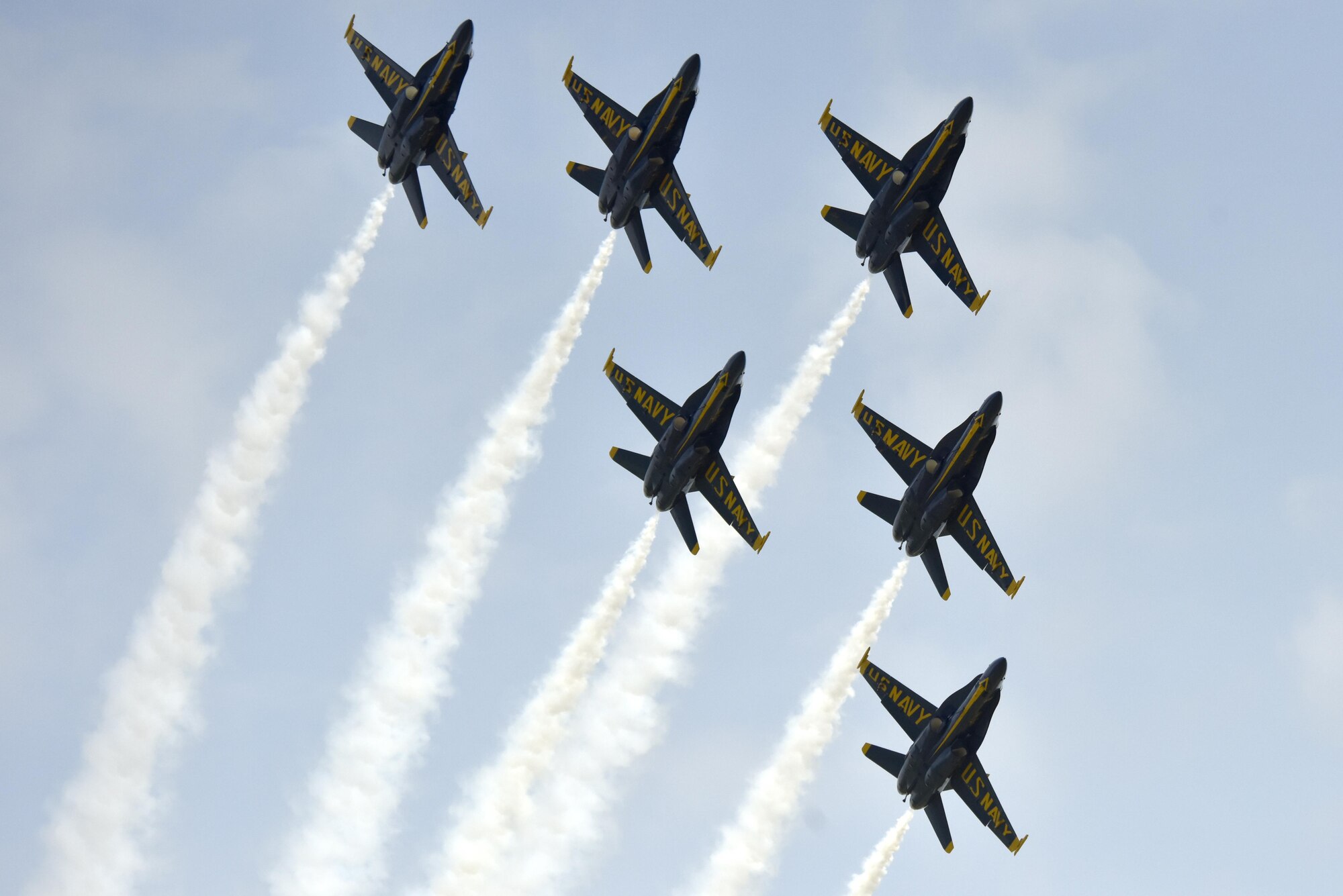 The U.S. Navy Blue Angels fly in formation during the Wings Over Wayne Air Show, May 21, 2017, at Seymour Johnson Air Force Base, North Carolina. Seymour Johnson AFB hosted the free, two-day air show as a way to thank the public and local community for their ongoing support of the base’s missions. (U.S. Air Force photo by Airman 1st Class Christopher Maldonado)