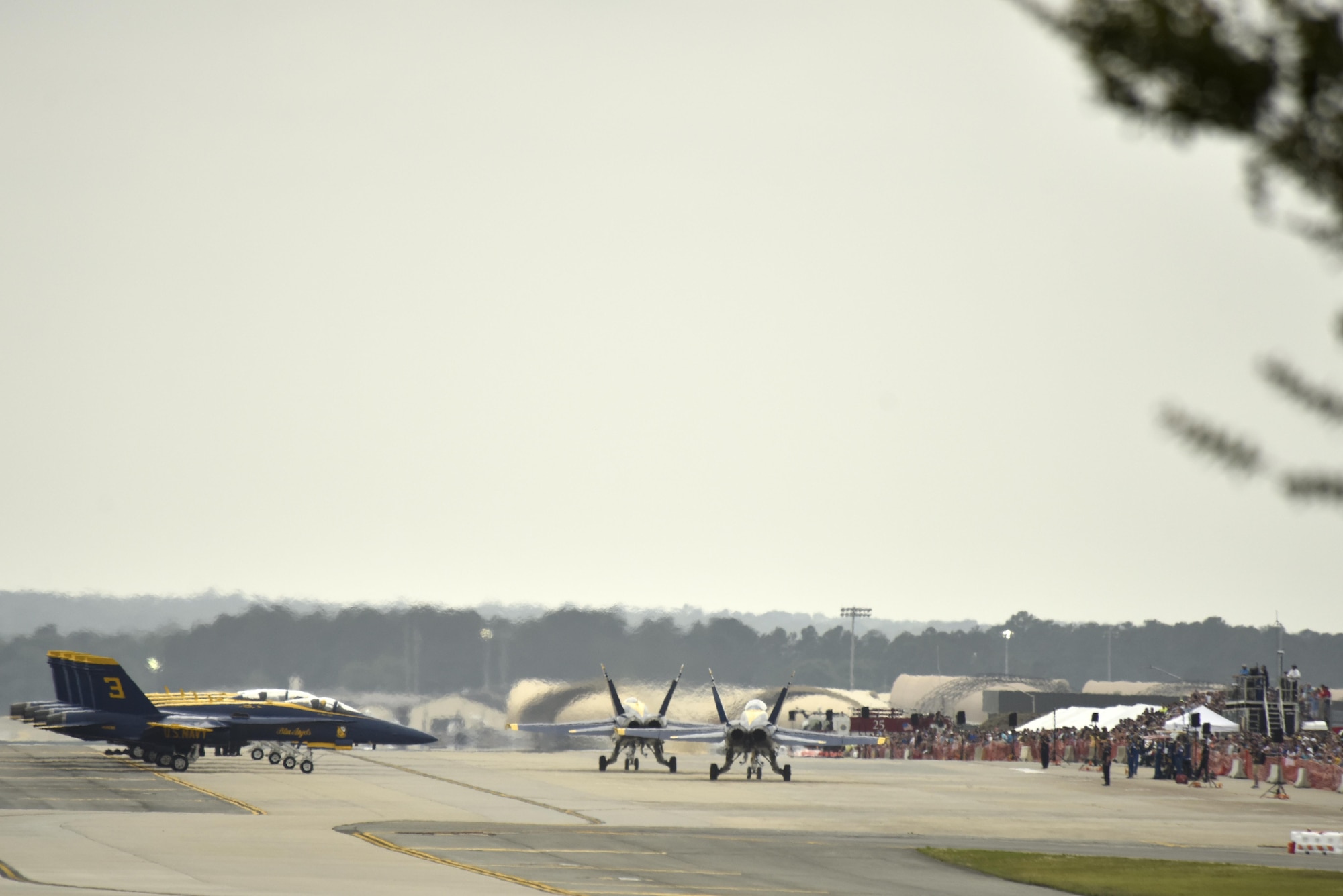 Spectators watch as the U.S. Navy Blue Angels prepare to perform during the Wings Over Wayne Air Show, May 21, 2017, at Seymour Johnson Air Force Base, North Carolina. The Blue Angels have performed for more than 500 million fans since 1946. (U.S. Air Force photo by Airman 1st Class Christopher Maldonado)