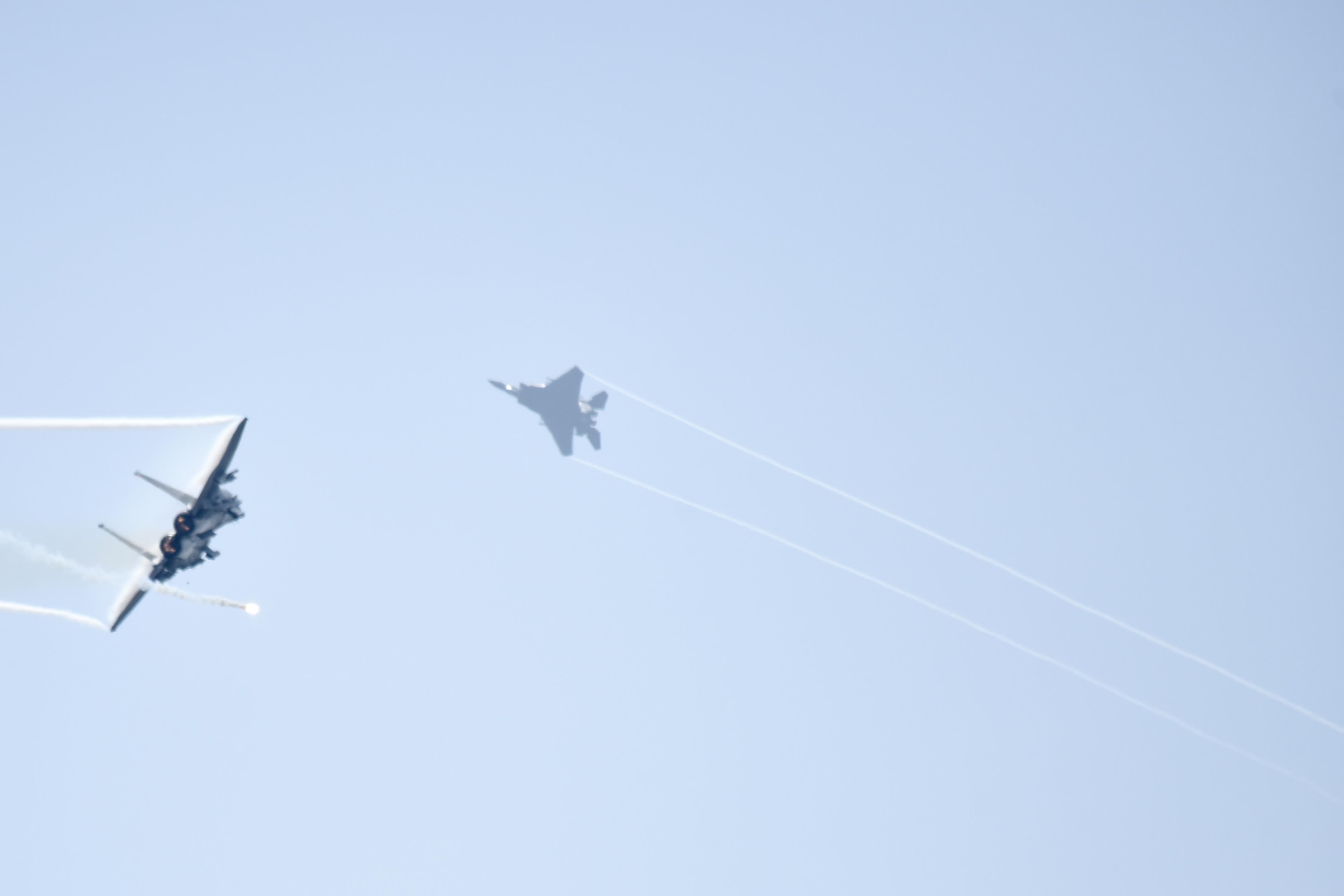 An F-15E Strike Eagle launches flares during the Wings Over Wayne Air Show, May 21, 2017, at Seymour Johnson Air Force Base, North Carolina. Later this year, the 4th Fighter Wing will celebrate its 75th anniversary with a weekend of heritage events and ceremonies. (U.S. Air Force photo by Airman 1st Class Christopher Maldonado)