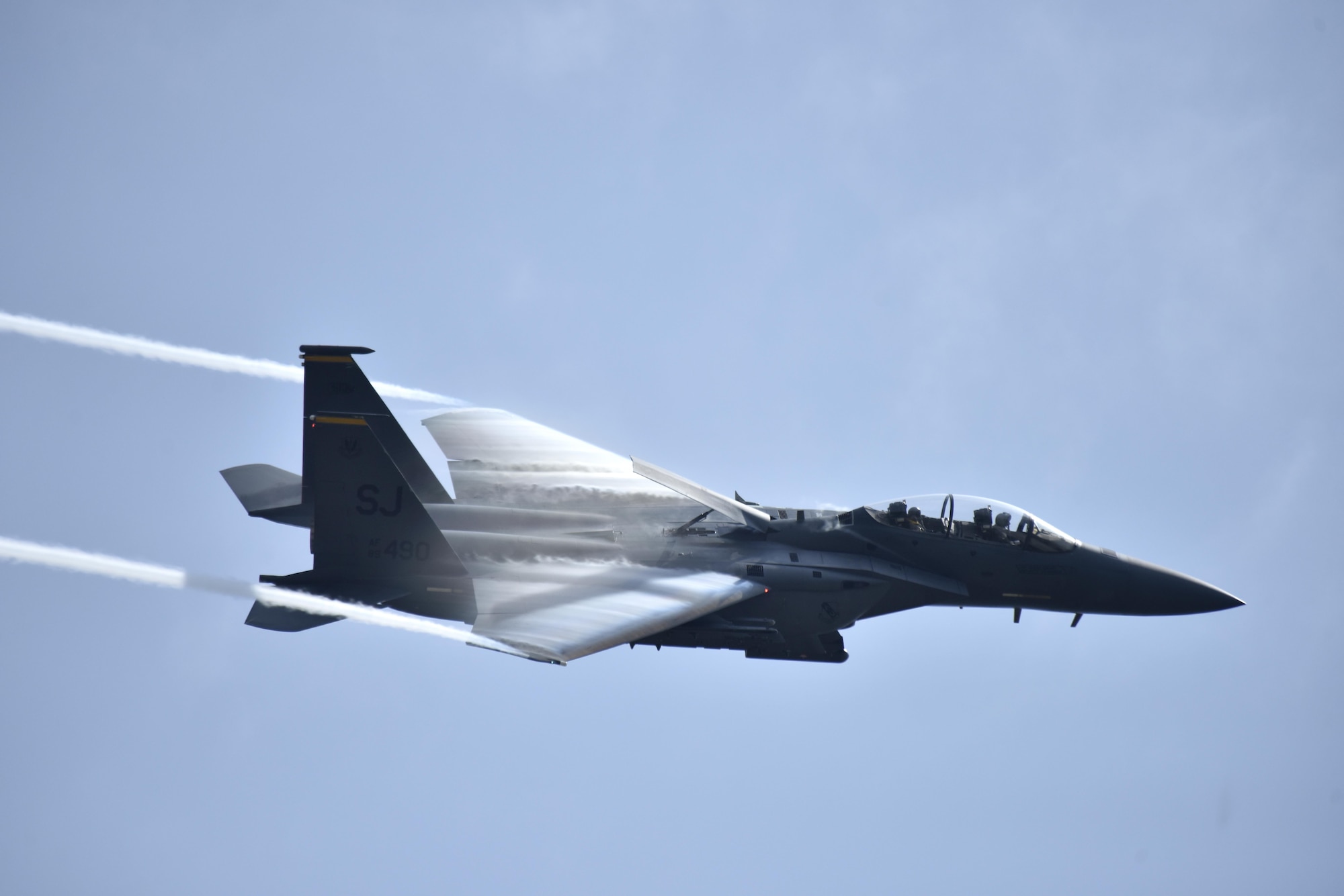 An F-15E Strike Eagle flies over the crowd during the Wings Over Wayne Air Show, May 21, 2017, at Seymour Johnson Air Force Base, North Carolina. Later this year, the 4th Fighter Wing will celebrate its 75th anniversary with a weekend of heritage events and ceremonies. (U.S. Air Force photo by Airman 1st Class Christopher Maldonado)