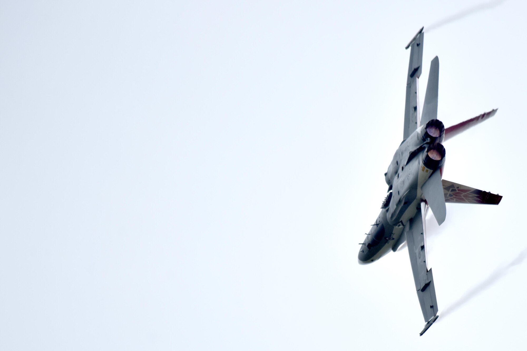 Capt. Matthew Kutryk, Royal Canadian Air Force pilot, flies a specially painted CF-18 Hornet commemorating Canada’s 150th Anniversary of Confederation during the Wings Over Wayne Air Show, May 21, 2017, at Seymour Johnson Air Force Base, North Carolina. The air show is a way for Seymour Johnson AFB to thank local and regional communities for their ongoing support of the base’s missions. (U.S. Air Force photo by Airman 1st Class Christopher Maldonado)