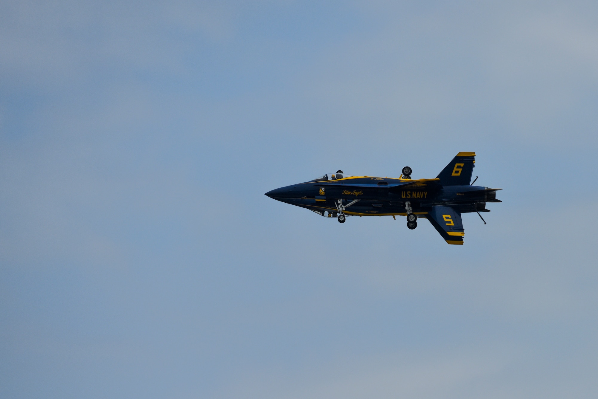 The U.S. Navy Blue Angels fly in formation during the Wings Over Wayne Air Show, May 21, 2017, at Seymour Johnson Air Force Base, North Carolina. Seymour Johnson AFB hosted the free, two-day air show as a way to thank the public and local community for their ongoing support of the base’s missions. (U.S. Air Force photo by Staff Sgt. Brittain Crolley)