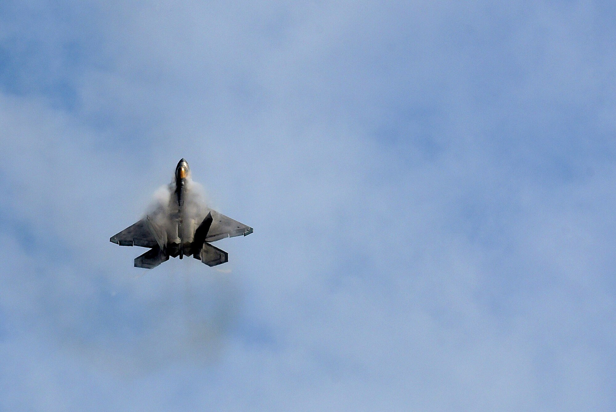 Maj. Daniel Dickinson, F-22 Raptor Demonstration Team pilot, displays the aircraft’s capabilities during a performance at the Wings Over Wayne Air Show, May 21, 2017, at Seymour Johnson Air Force Base, North Carolina. The air show is a two-day, free event which enables Seymour Johnson AFB to thank the local community for their support. (U.S. Air Force photo by Airman 1st Class Kenneth Boyton)