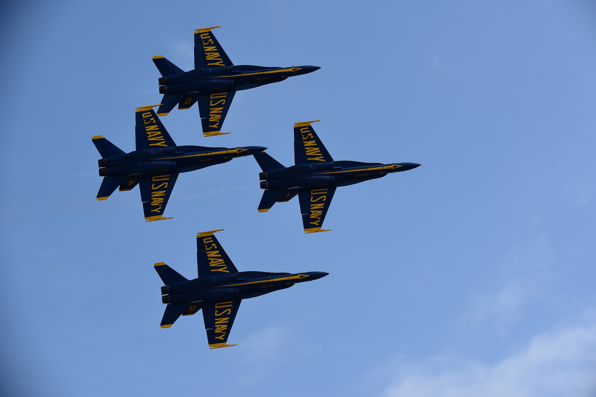 The U.S. Navy Blue Angels fly in formation during the Wings Over Wayne Air Show, May 21, 2017, at Seymour Johnson Air Force Base, North Carolina. Seymour Johnson AFB hosted the free, two-day air show as a way to thank the public and local community for their ongoing support of the base’s missions. (U.S. Air Force photo by Airman 1st Class Kenneth Boyton)