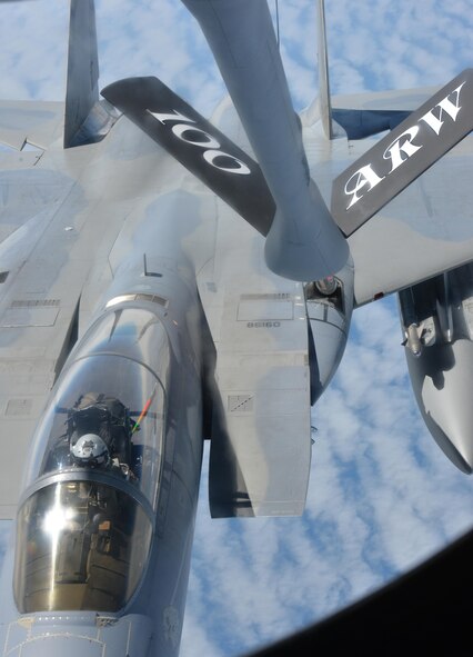 An F-15 Eagle from RAF Lakenheath, England, receives fuel from a KC-135 Stratotanker May 19, 2017. The KC-135 is assigned to RAF Mildenhall, England. Both aircraft are on their way to support Arctic Challenge 2017, a multinational exercise encompassing 11 nations and more than 100 aircraft. (U.S. Air Force photo by Tech. Sgt. David Dobrydney)