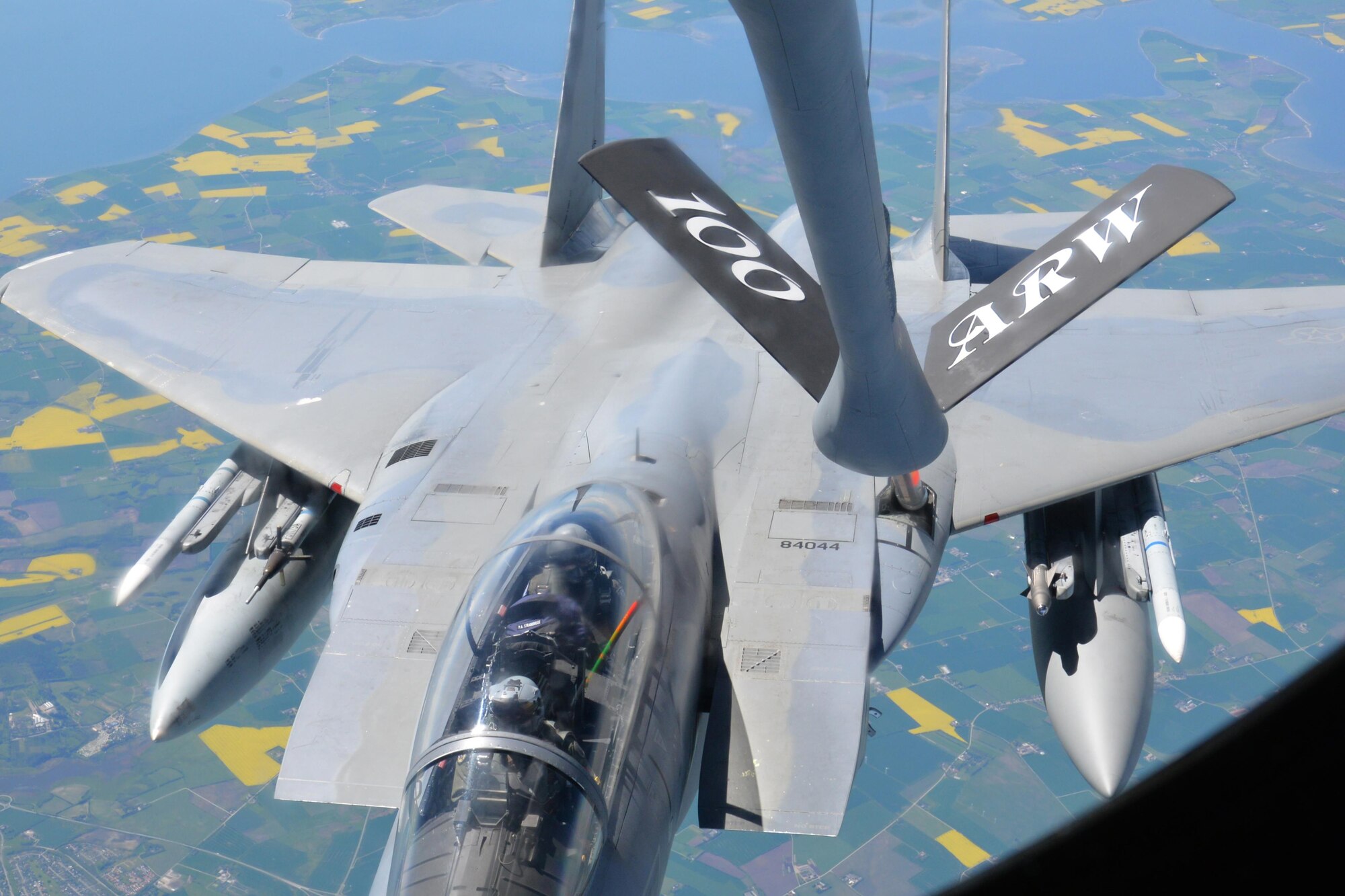 An F-15E Strike Eagle from RAF Lakenheath, England, receives fuel from a KC-135 Stratotanker May 19, 2017. The KC-135 is assigned to RAF Mildenhall, England. Both aircraft are on their way to support Arctic Challenge 2017, a multinational exercise encompassing 11 nations and more than 100 aircraft. (U.S. Air Force photo by Tech. Sgt. David Dobrydney)