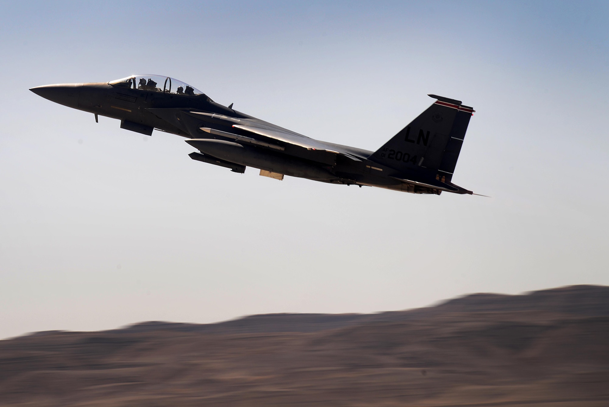 An F-15E Strike Eagle assigned to the 494th Fighter Squadron, Royal Air Force Lakenheath, England, launches for a sortie in support of exercise Juniper Falcon May 7, at Uvda Air Base, Israel. Juniper Falcon 17 represents the combination of several bi-lateral component/ Israeli Defense Force exercises that have been executed annually since 2011. These exercises were combined to increase joint training opportunities and capitalize on transportation and cost efficiencies gained by aggregating forces. (U.S. Air Force photo/ Tech. Sgt. Matthew Plew)