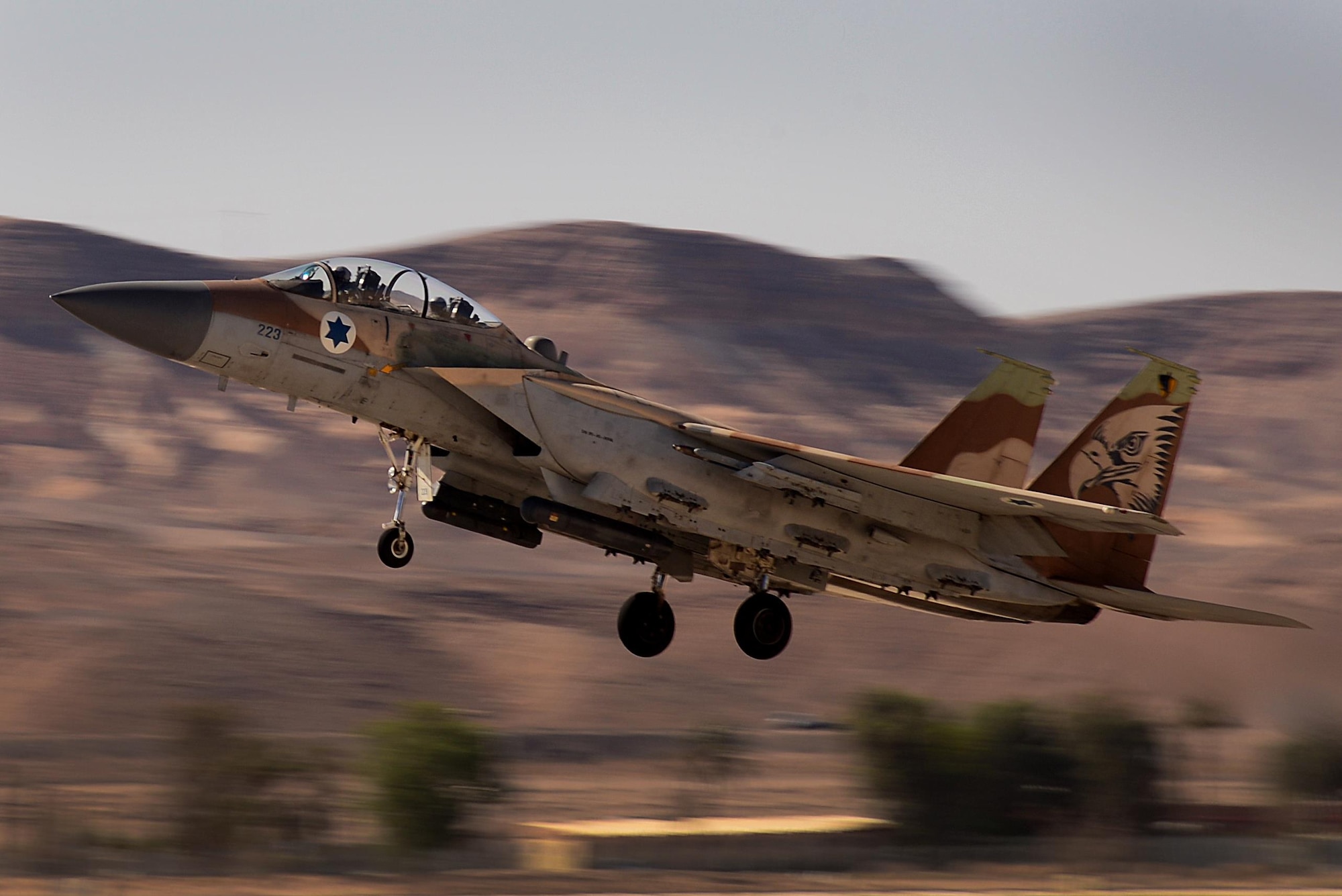 An Israeli F-15I Ra'am assigned to the Sixty Niners launches for a sortie in support of exercise Juniper Falcon May 7, at Uvda Air Base, Israel. Juniper Falcon 17 represents the combination of several bi-lateral component/ Israeli Defense Force exercises that have been executed annually since 2011. These exercises were combined to increase joint training opportunities and capitalize on transportation and cost efficiencies gained by aggregating forces. (U.S. Air Force photo/ Tech. Sgt. Matthew Plew)
