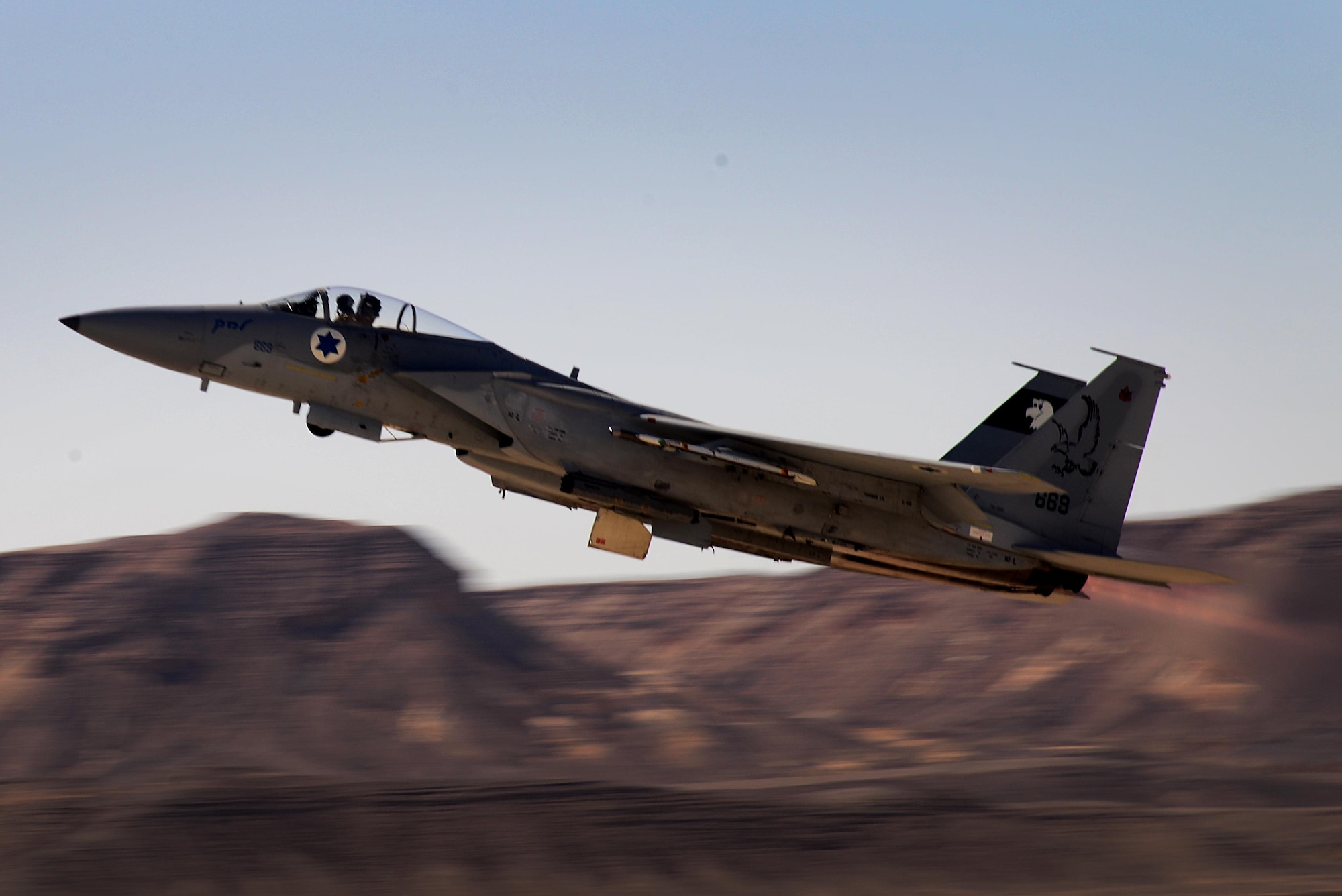 An Israeli F-15C Buzz launches for a sortie in support of exercise Juniper Falcon May 7, at Uvda Air Base, Israel. Juniper Falcon 17 represents the combination of several bi-lateral component/ Israeli Defense Force exercises that have been executed annually since 2011. These exercises were combined to increase joint training opportunities and capitalize on transportation and cost efficiencies gained by aggregating forces. (U.S. Air Force photo/ Tech. Sgt. Matthew Plew)