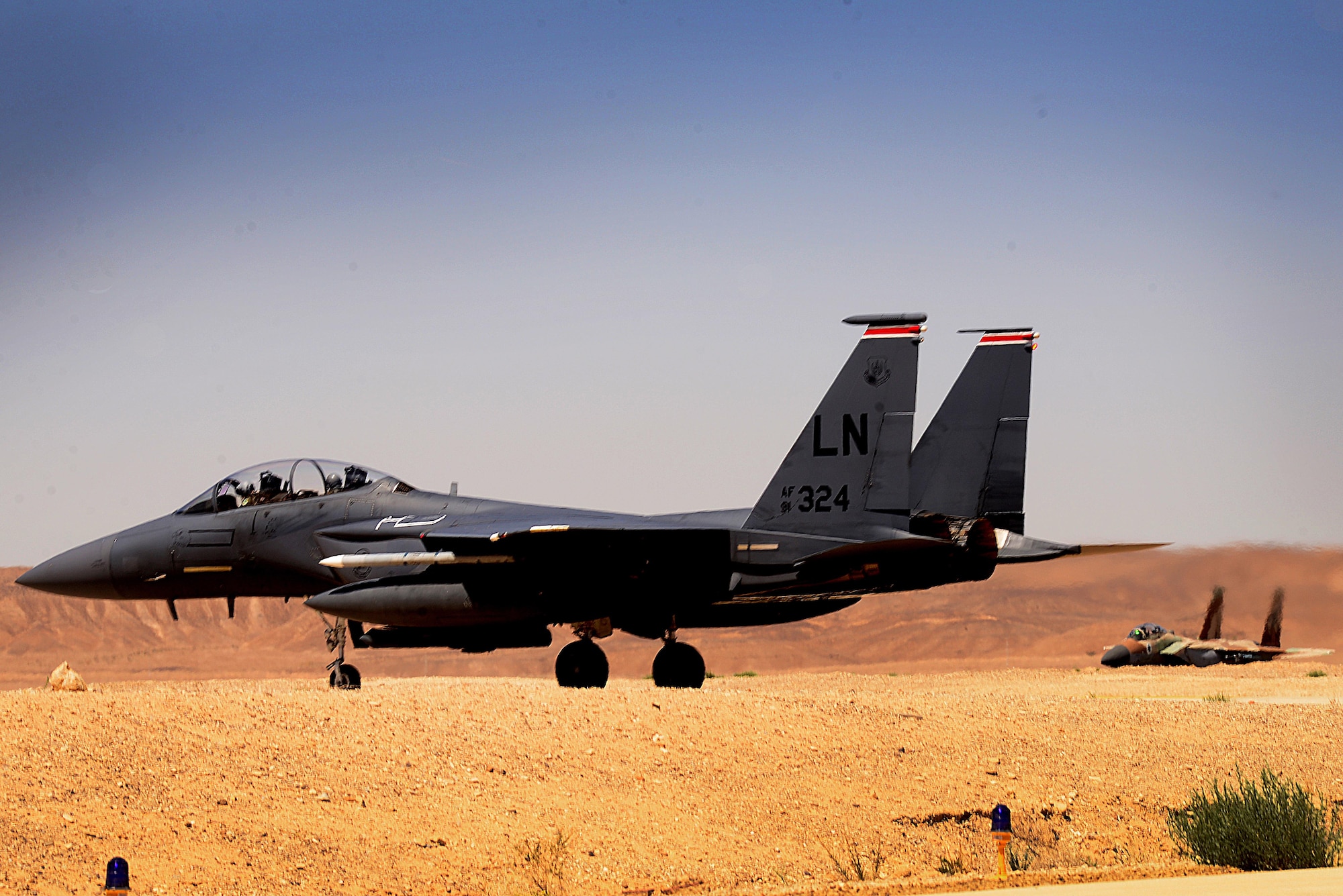 An F-15E Strike Eagle assigned to the 494th Fighter Squadron, Royal Air Force Lakenheath, England, taxis for a sortie in support of exercise Juniper Falcon May 8, at Uvda Air Base, Israel. Juniper Falcon 17 represents the combination of several bi-lateral component/ Israeli Defense Force exercises that have been executed annually since 2011. These exercises were combined to increase joint training opportunities and capitalize on transportation and cost efficiencies gained by aggregating forces. (U.S. Air Force photo/ Tech. Sgt. Matthew Plew)