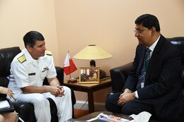 George Cheriyan, chief medical officer and CEO of the American Mission Hospital, speaks with Commander of U.S. Naval Forces Central Command Vice Adm. Kevin Donegan during a tour to highlight the longest and most enduring relationship in the Middle East, between the United States and Bahrain. The American Mission Hospital began as the Arabian Mission in 1889 and has served the people of Bahrain for over 110 years. Bahrain is headquarters to the U.S. 5th Fleet. (U.S. Navy photo by Mass Communication Specialist 2nd Class Victoria Kinney)